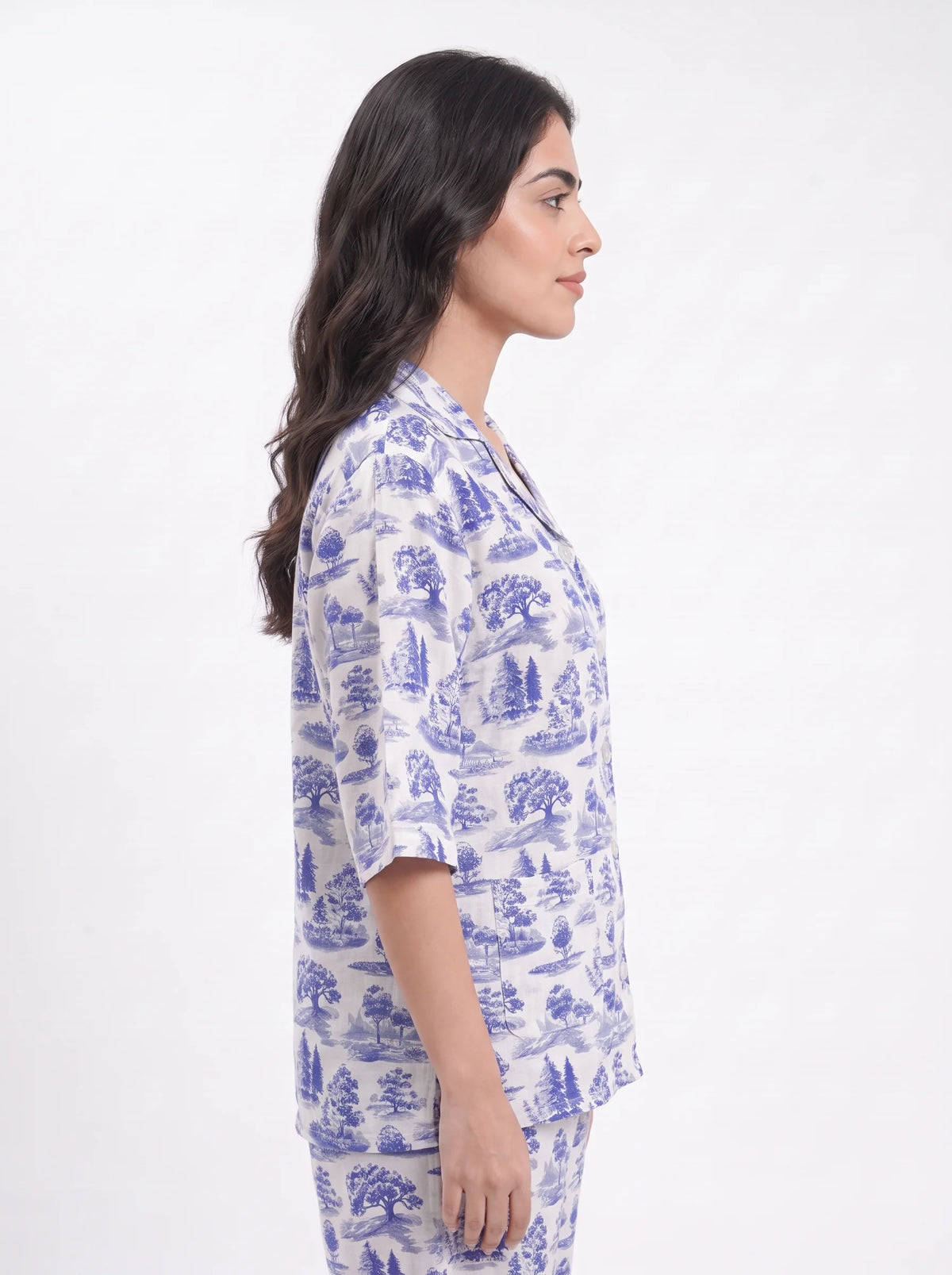 Drop Shoulder Silk Pajama Suit - Blue Meadow