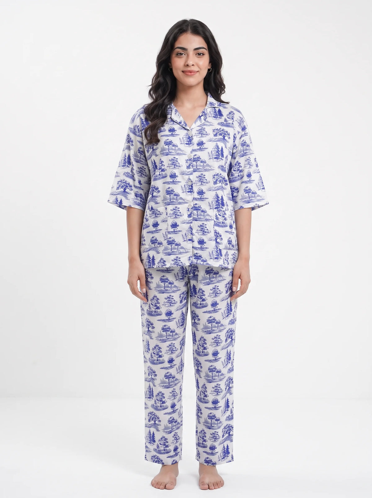 Drop Shoulder Silk Pajama Suit - Blue Meadow