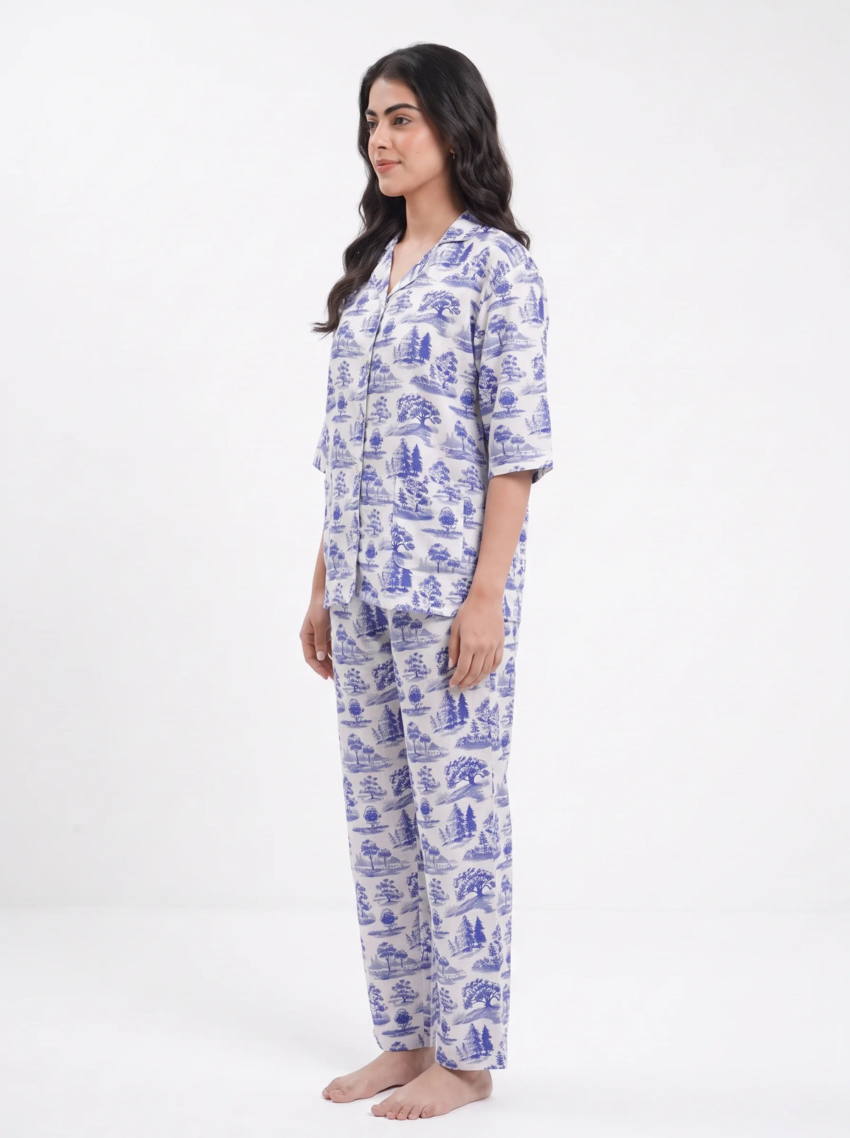 Drop Shoulder Silk Pajama Suit - Blue Meadow