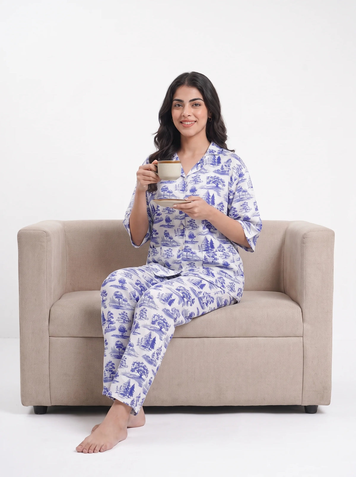Drop Shoulder Silk Pajama Suit - Blue Meadow