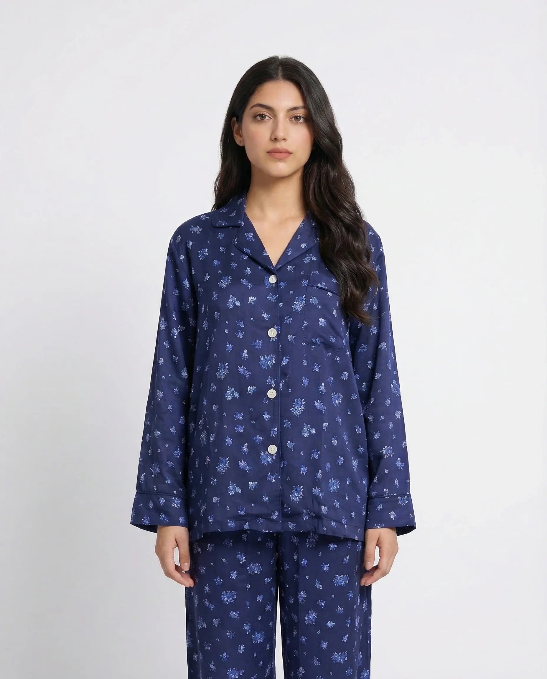 Linen Pajama Suit - Midnight Bloom