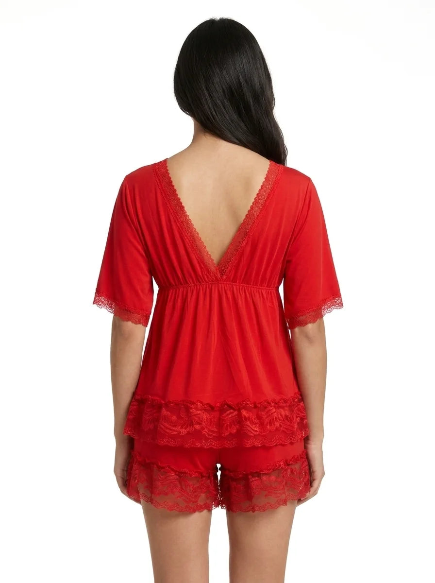 Babydoll Lingerie  - Milky Deep Neck - Red