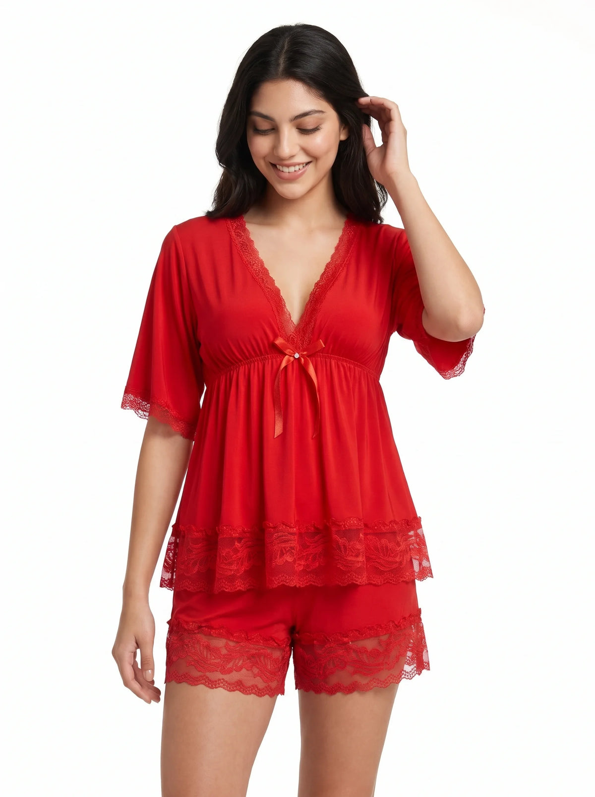 Babydoll Lingerie  - Milky Deep Neck - Red