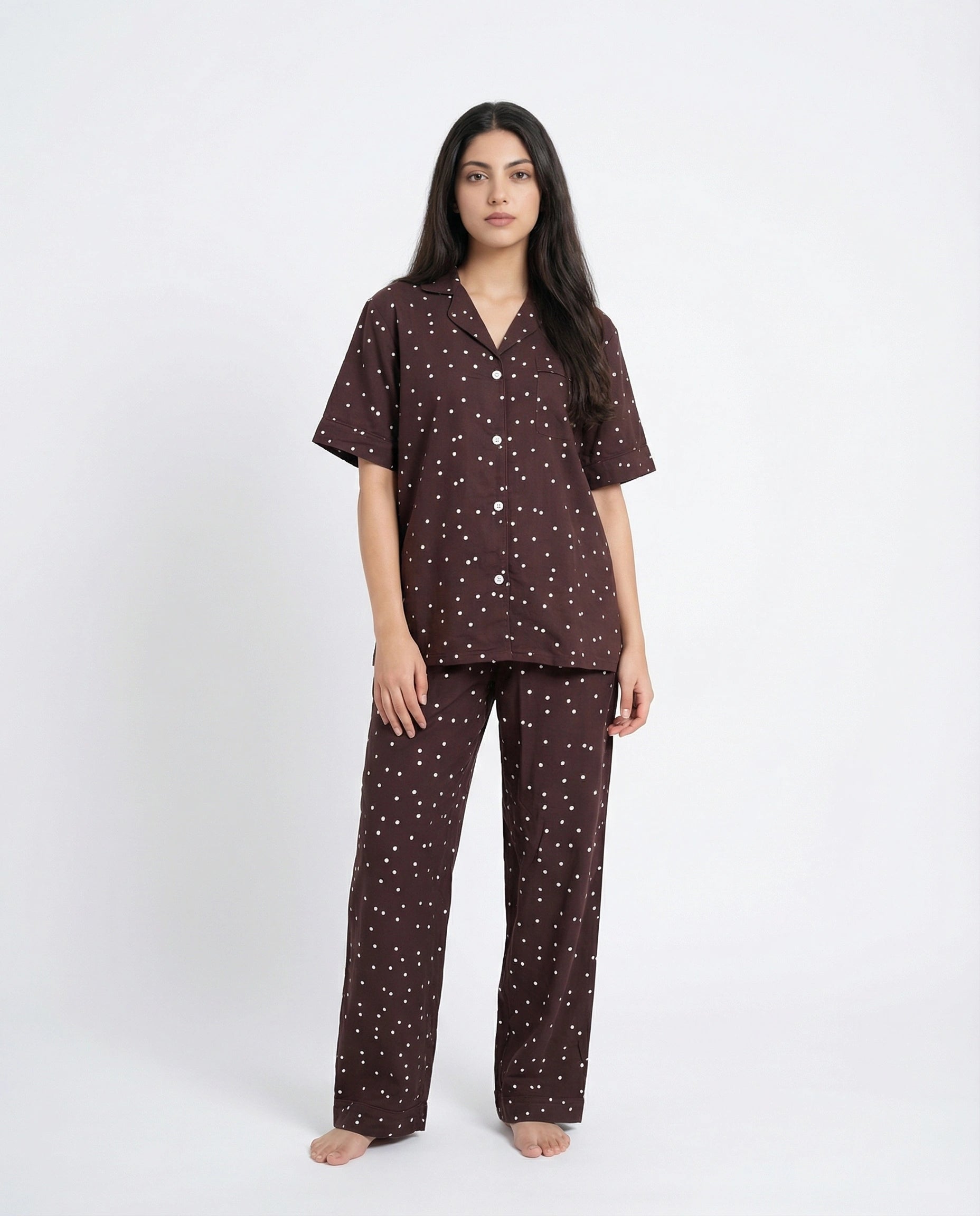 Linen Pajama Suit - Mocha Dot