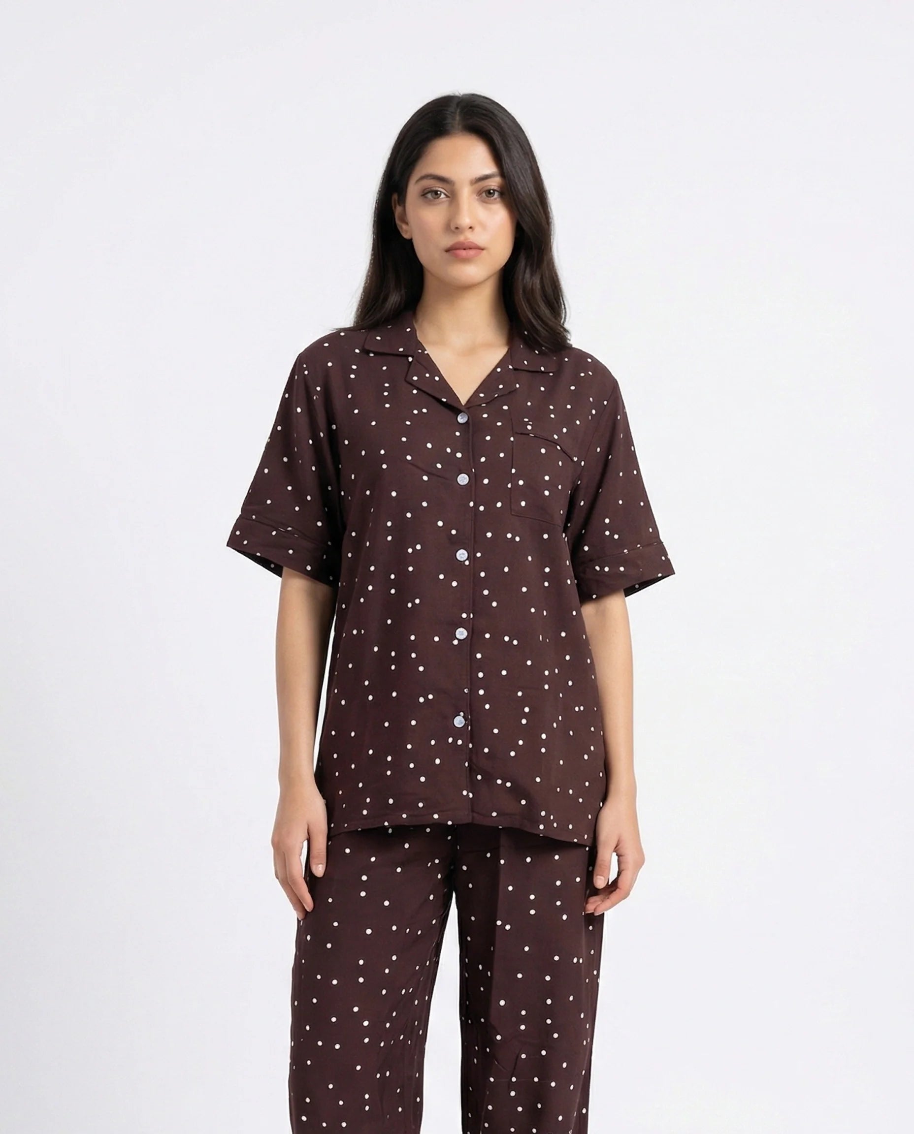 Linen Pajama Suit - Mocha Dot