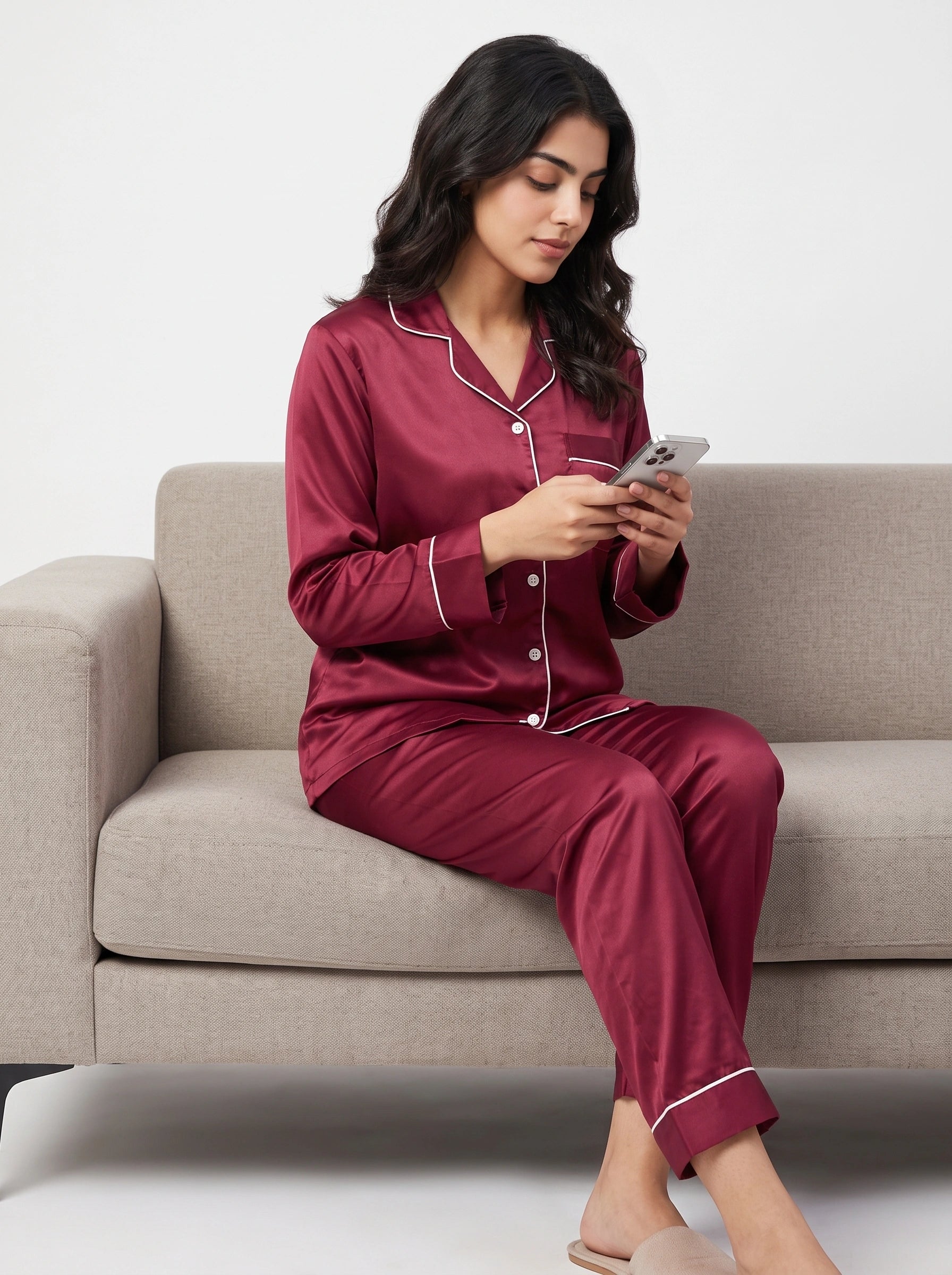 Satin Silk Pajama Suit - Noir - Maroon