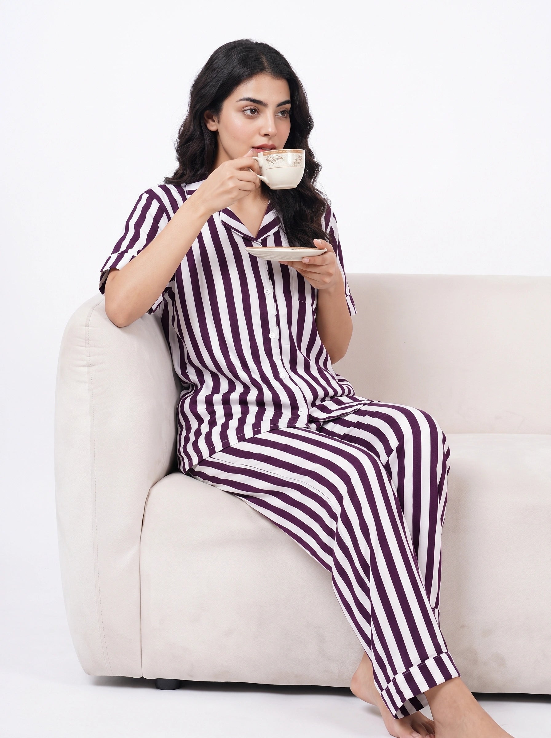 Linen PJ Set - Plum Stripe