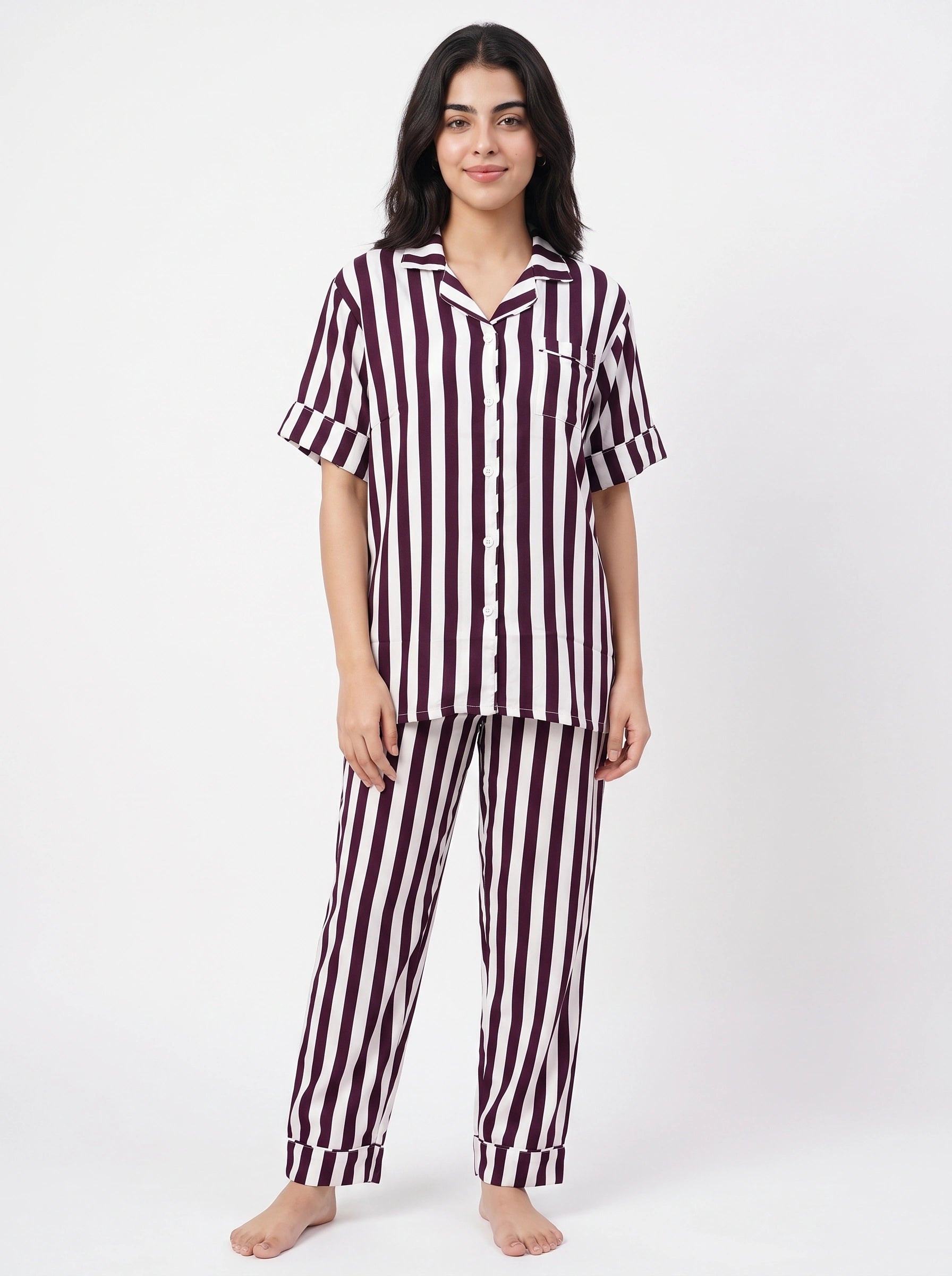 Linen PJ Set - Plum Stripe