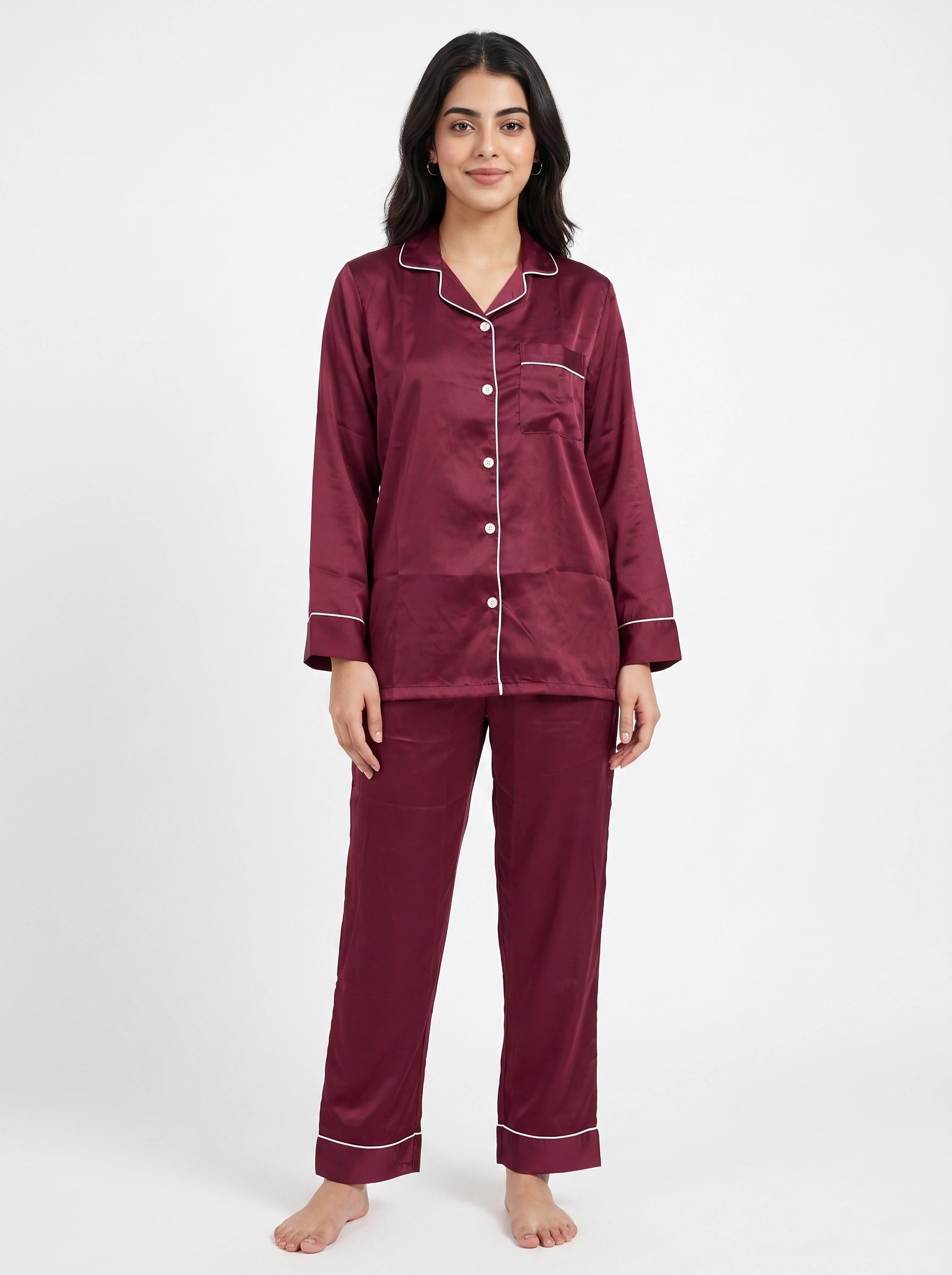 Satin Silk Pajama Suit - Noir - Maroon