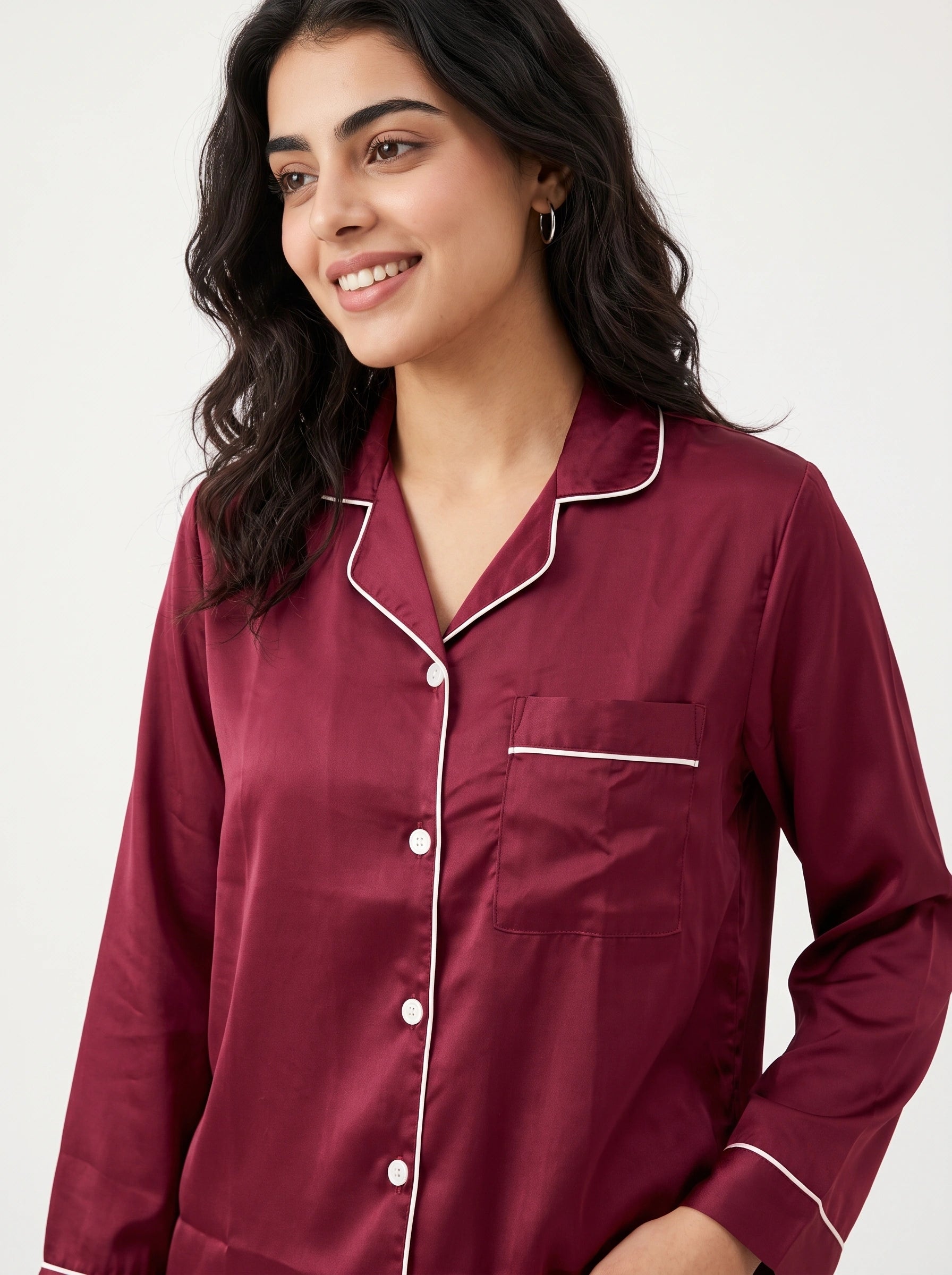 Satin Silk Pajama Suit - Noir - Maroon