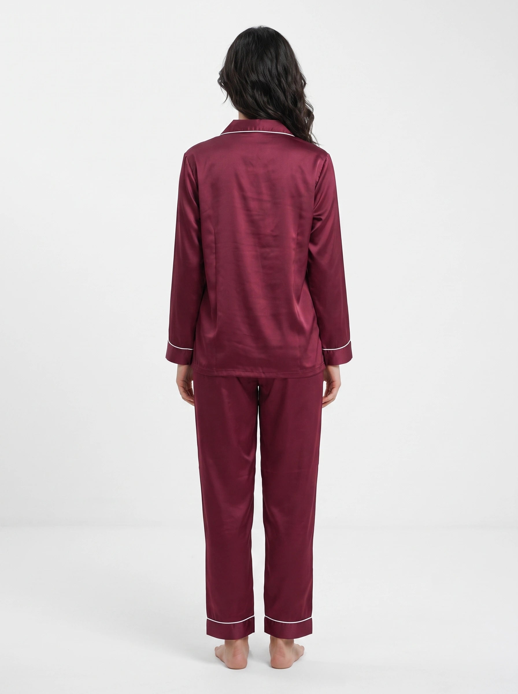 Satin Silk Pajama Suit - Noir - Maroon