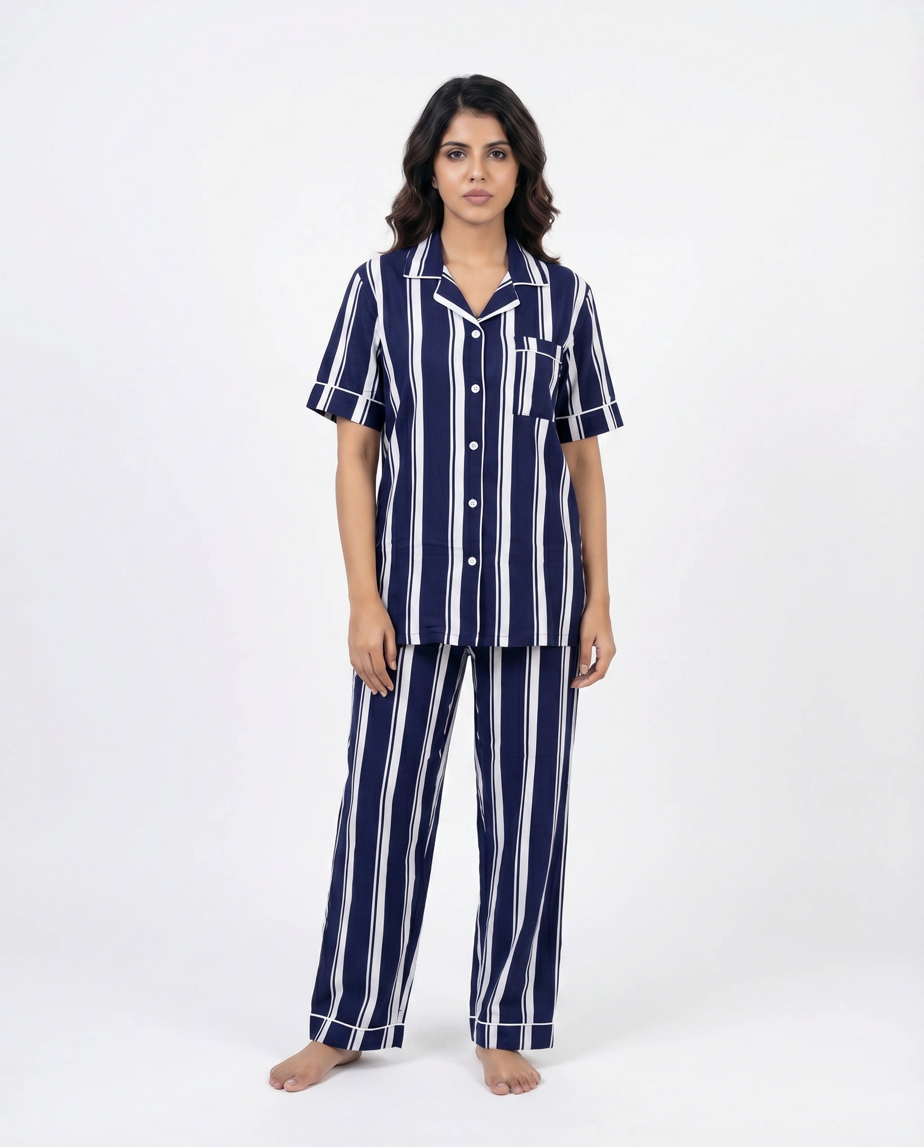 Linen PJ Set - Navy Stripe