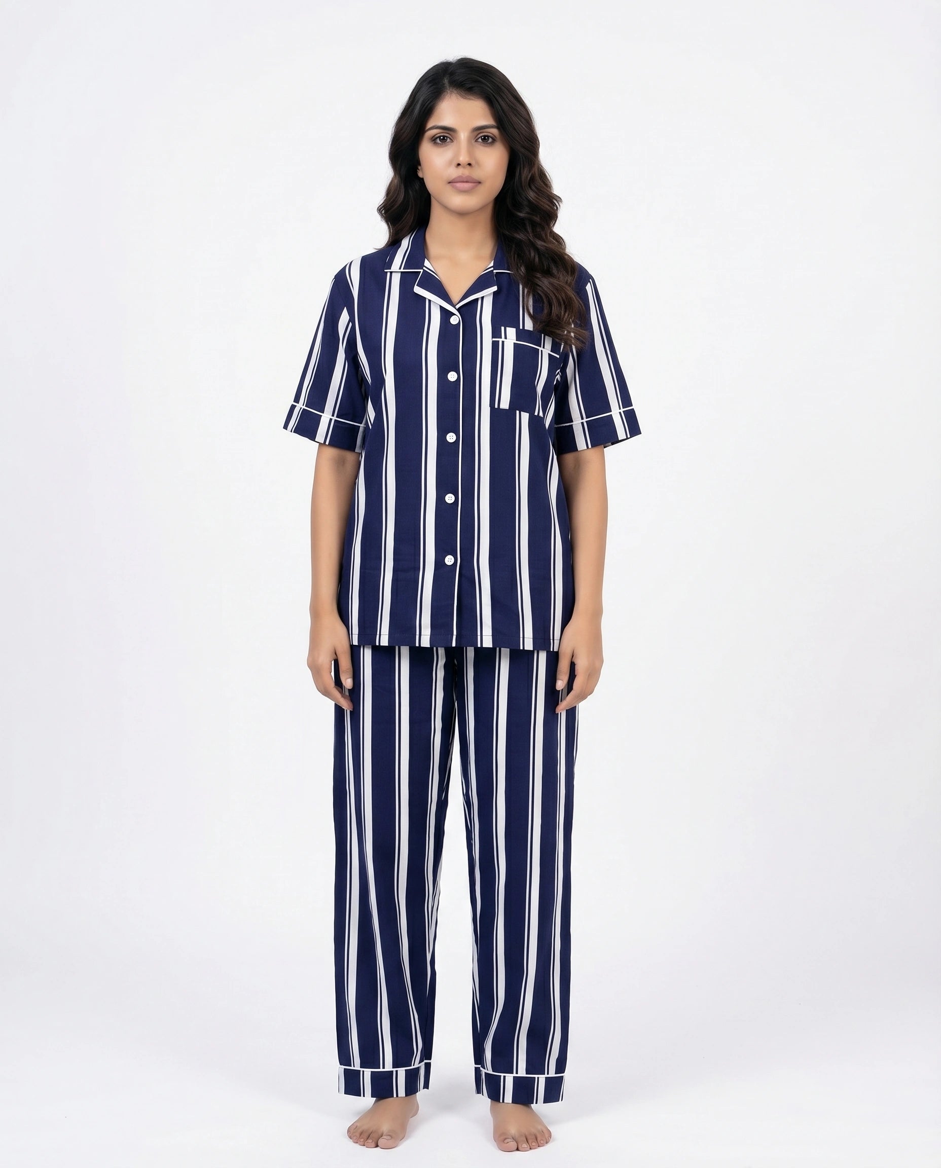 Linen PJ Set - Navy Stripe