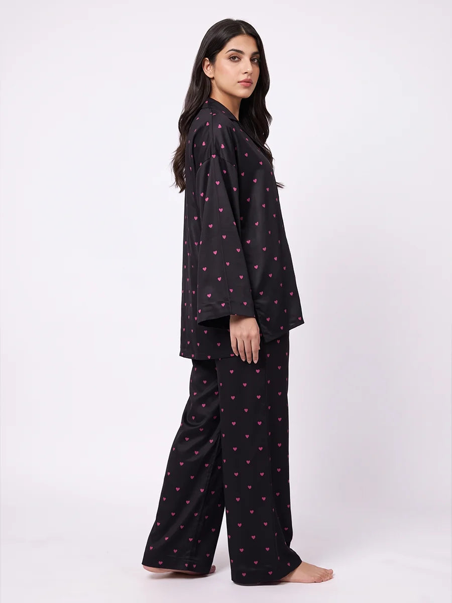 Oversized Linen PJ Set - Night Hearts
