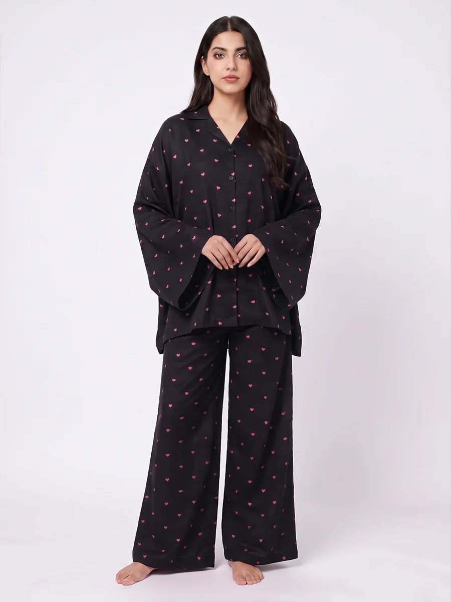 Oversized Linen PJ Set - Night Hearts