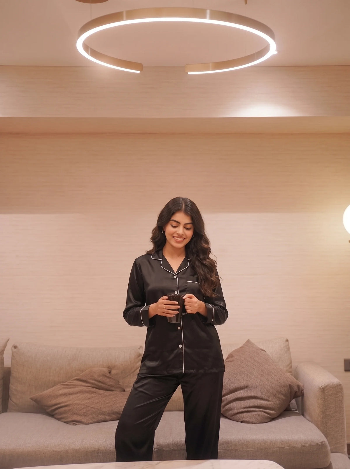 Satin Silk Pajama Suit - Noir - Black