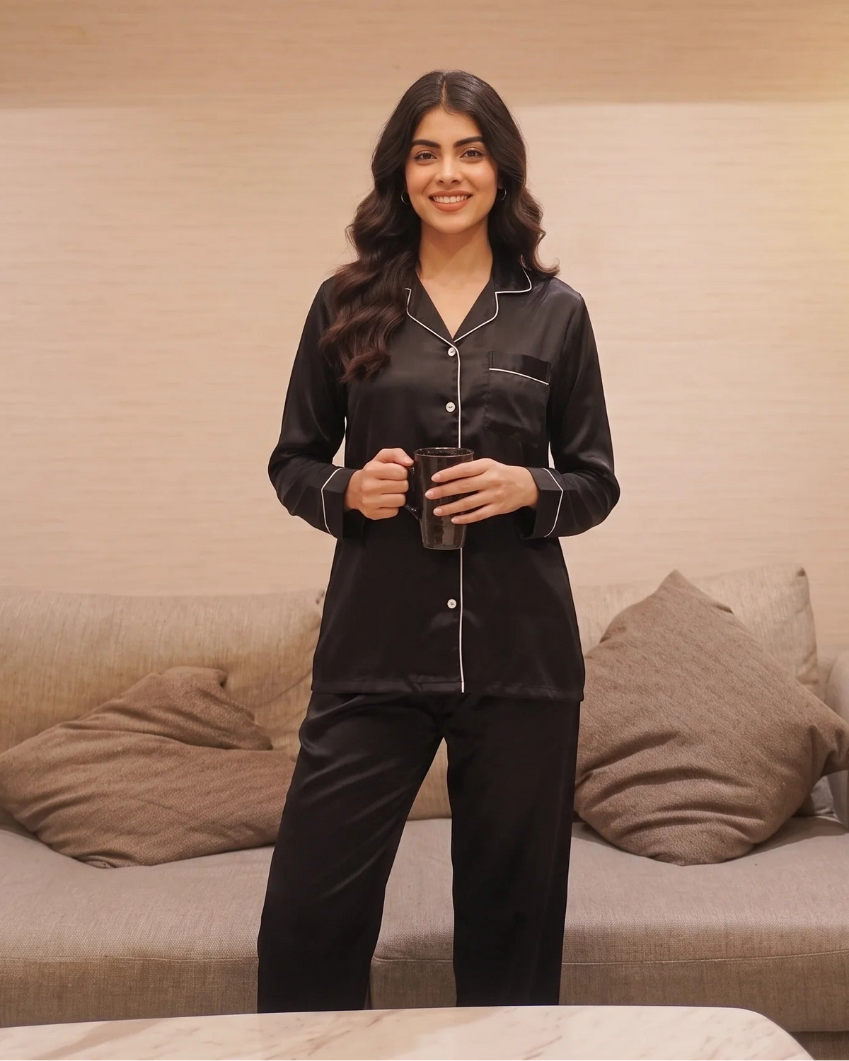 Satin Silk Pajama Suit - Noir - Black