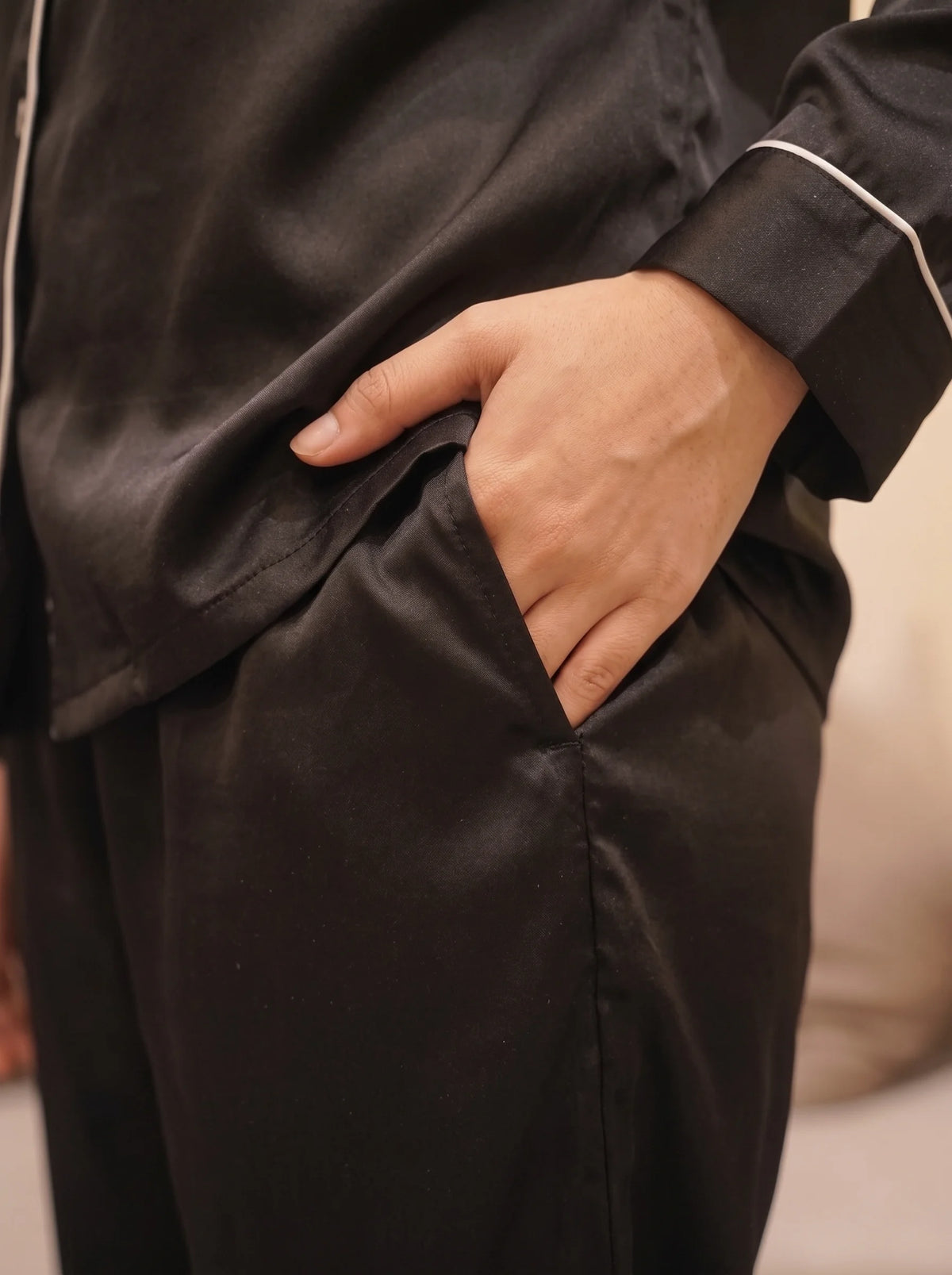 Satin Silk Pajama Suit - Noir - Black