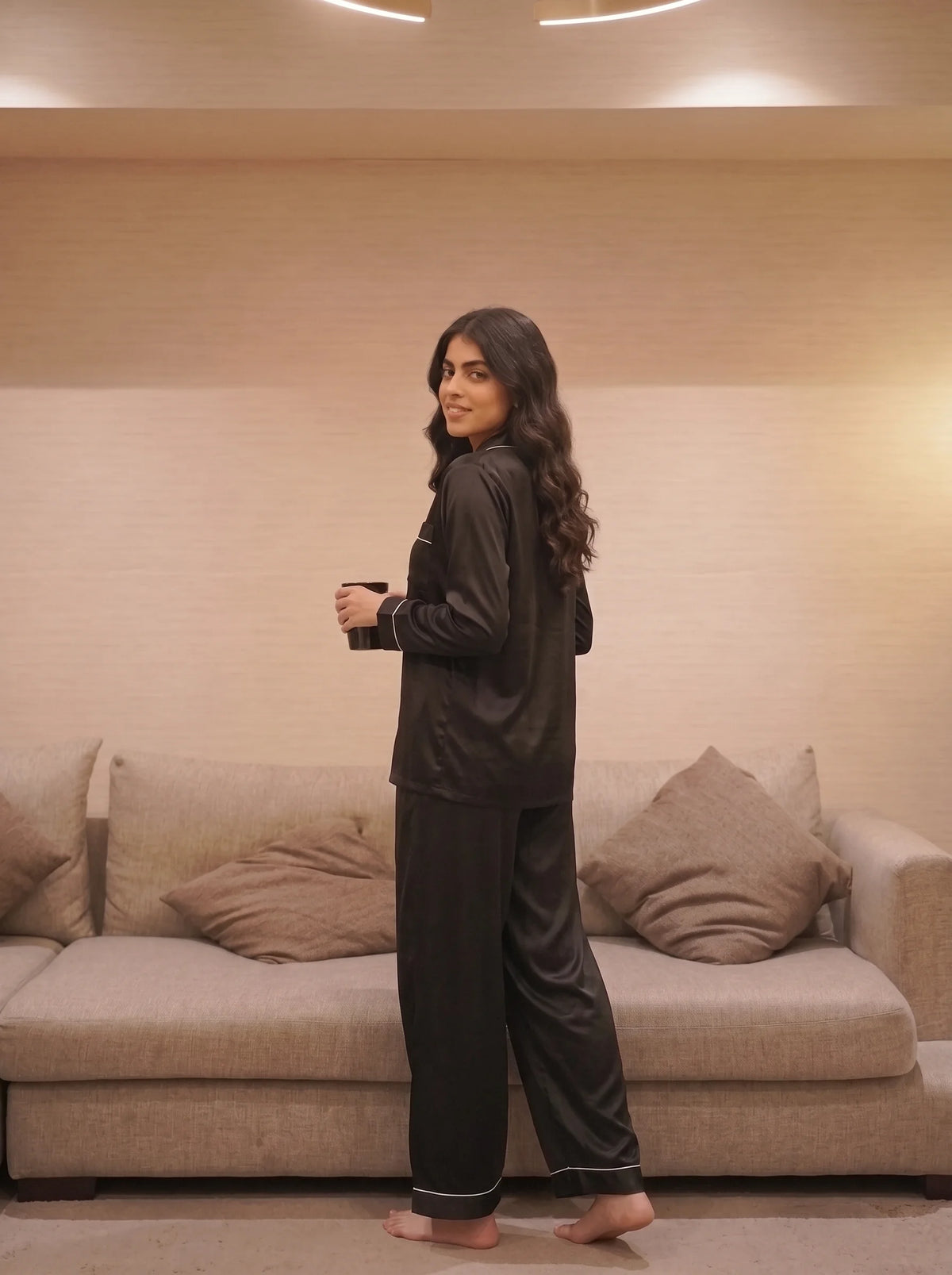 Satin Silk Pajama Suit - Noir - Black