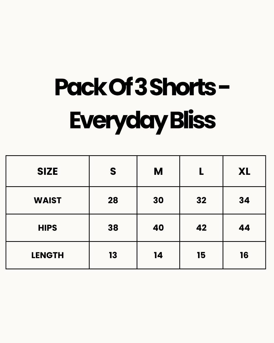 Size Chart for Pack Of 3 Shorts - Everyday Bliss