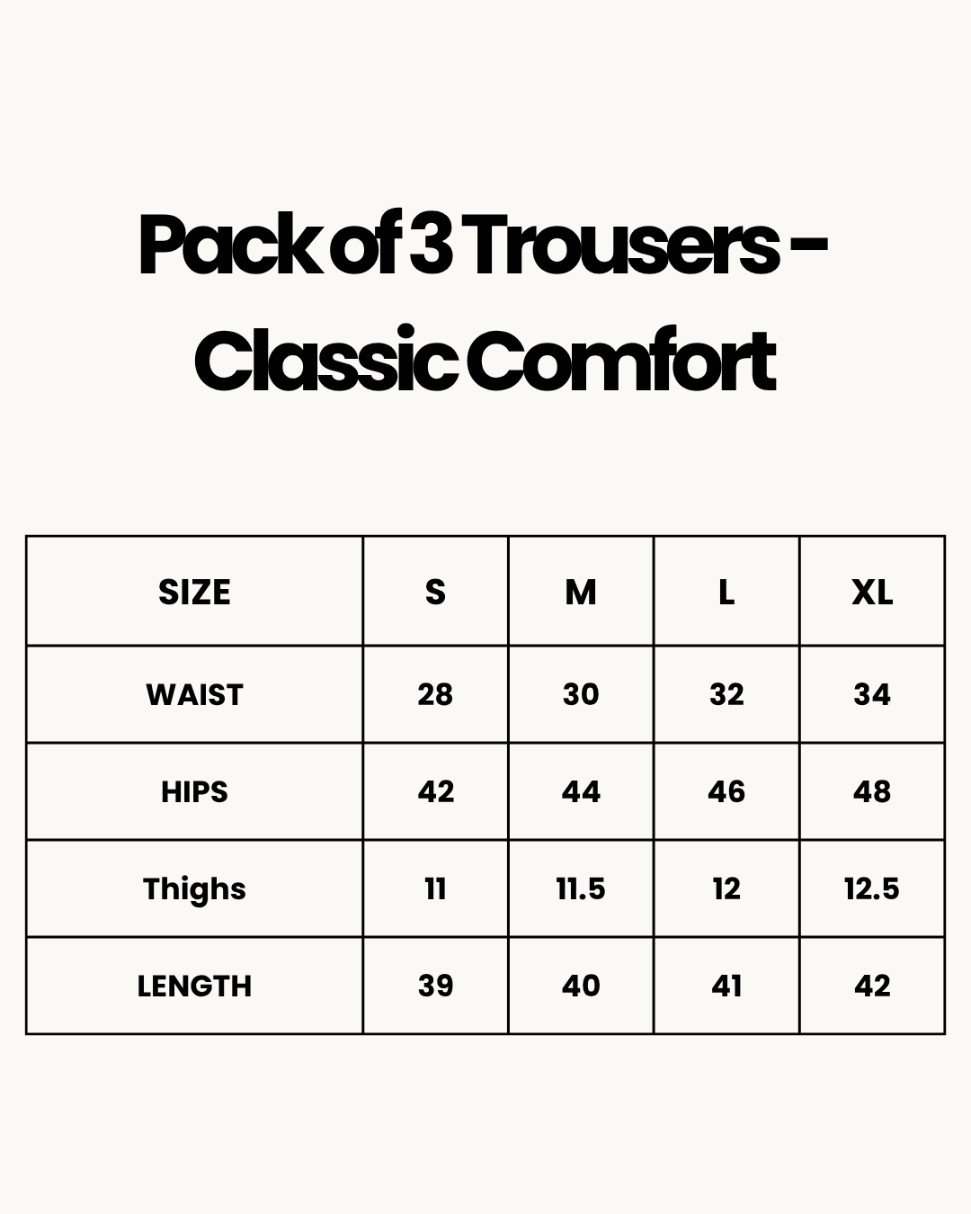 Size Chart for Pack of 3 Trousers - Classic Comfort