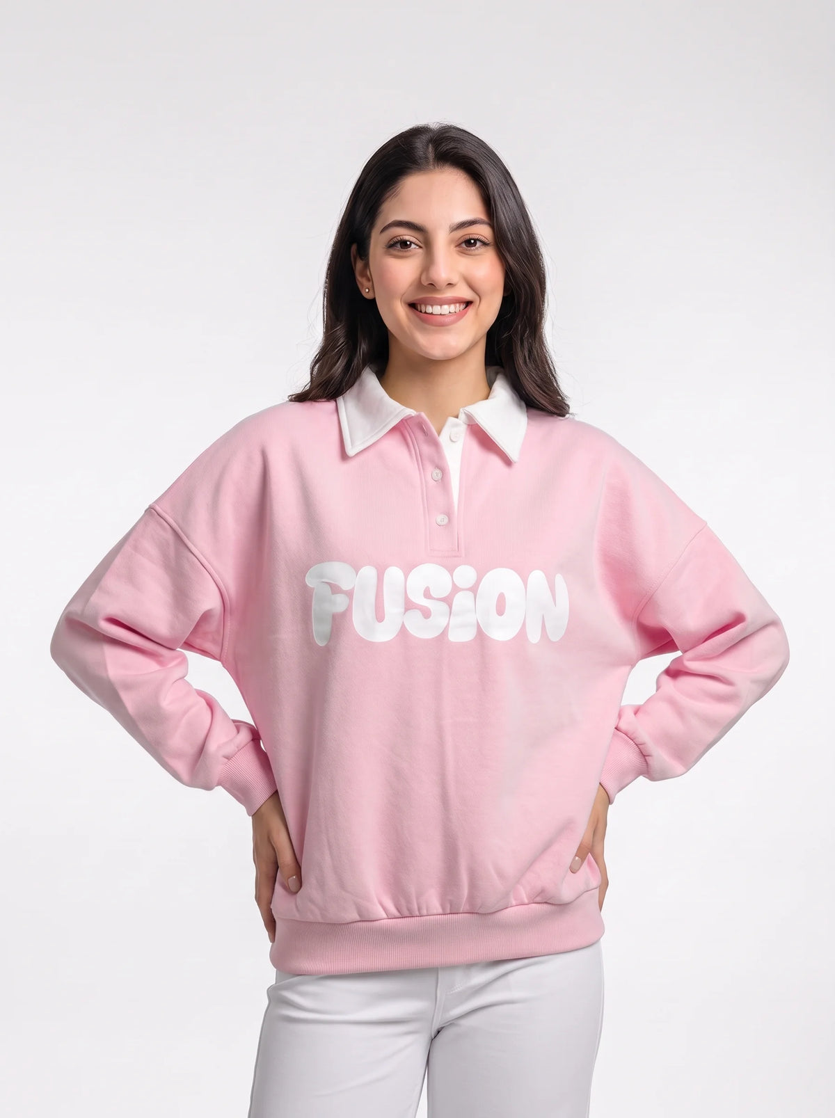 Fleece Polo Style Sweatshirt - FUSION - Pink