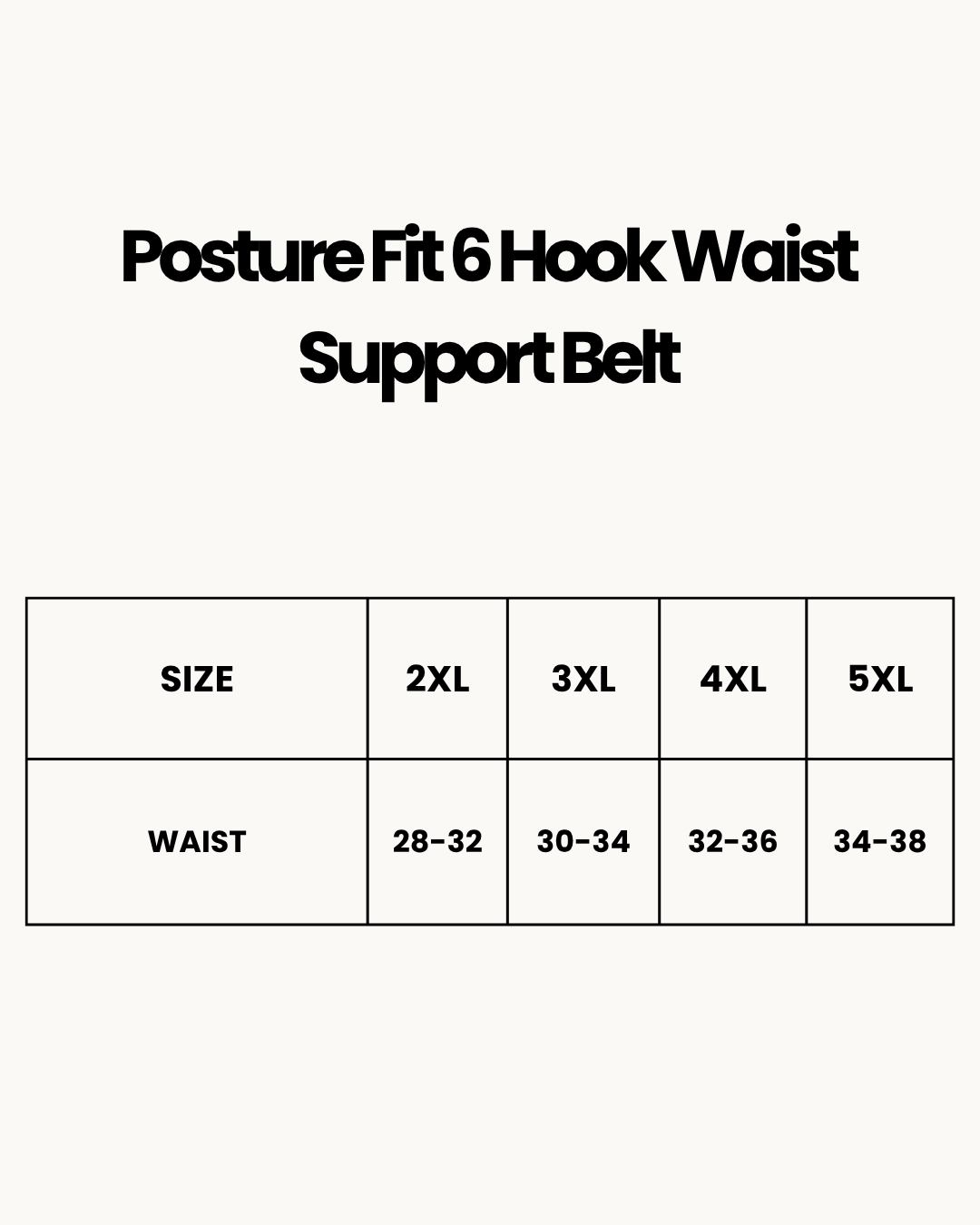 Size Chart for Posture Fit 6 Hook Waist Support Belt