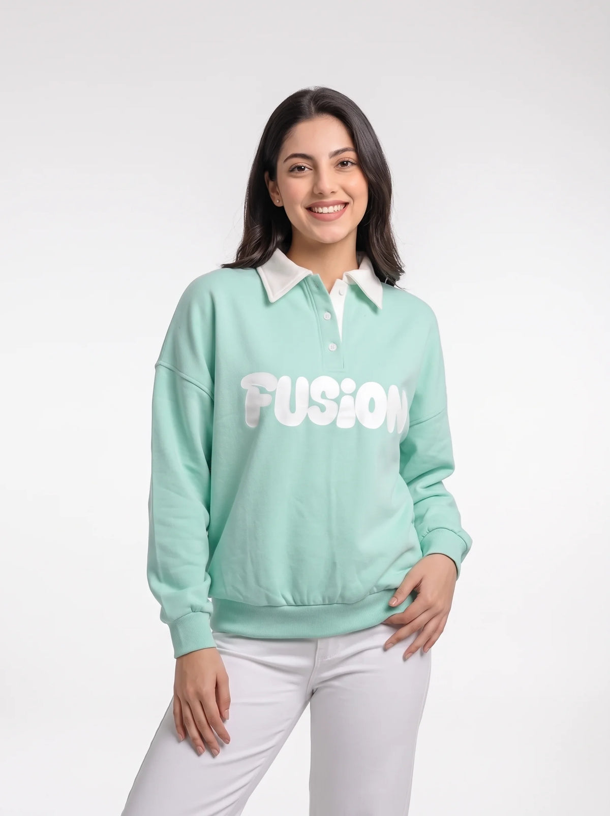 Fleece Polo Style Sweatshirt - FUSION - Aqua