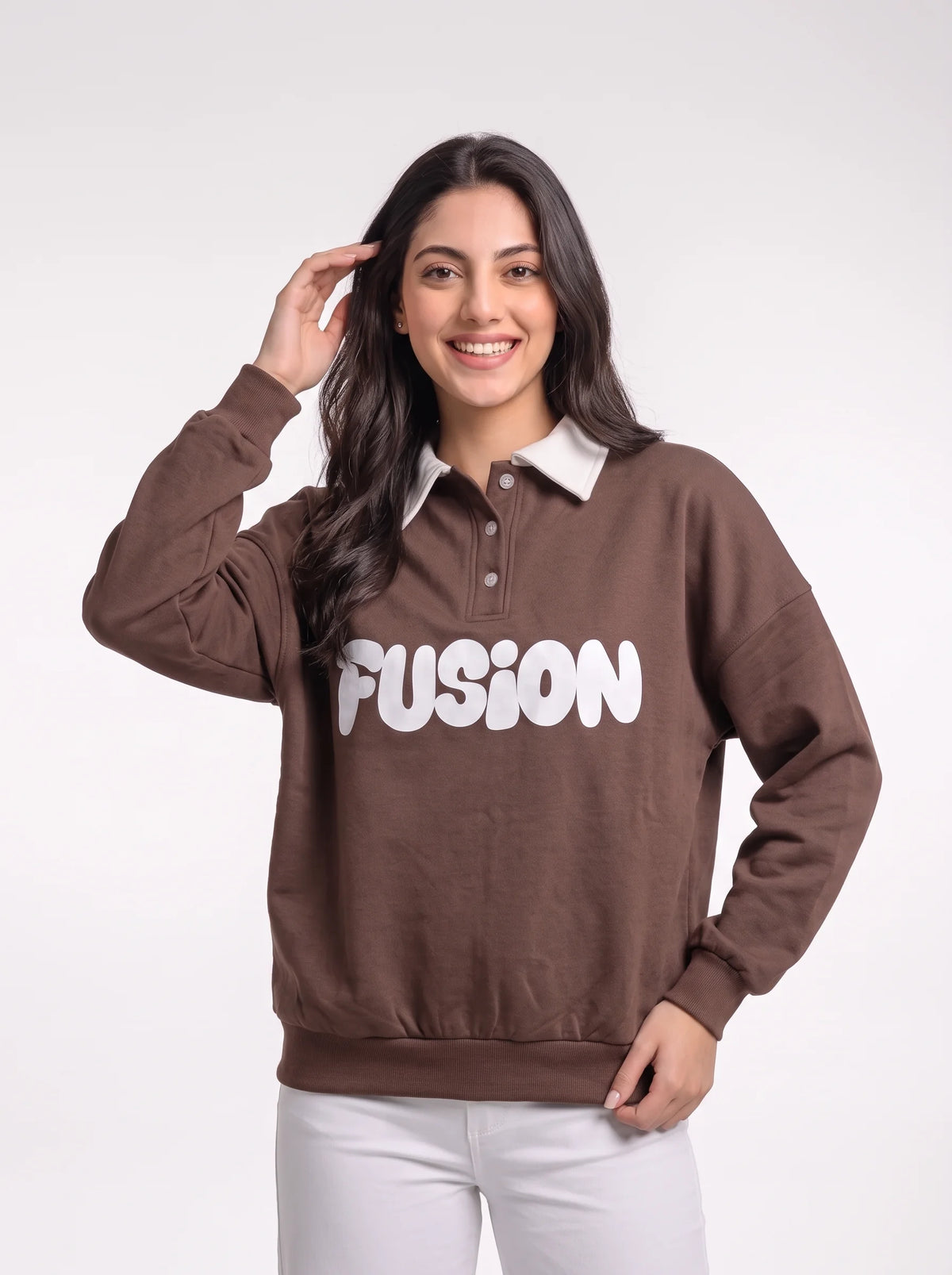 Fleece Polo Style Sweatshirt - FUSION - Brown