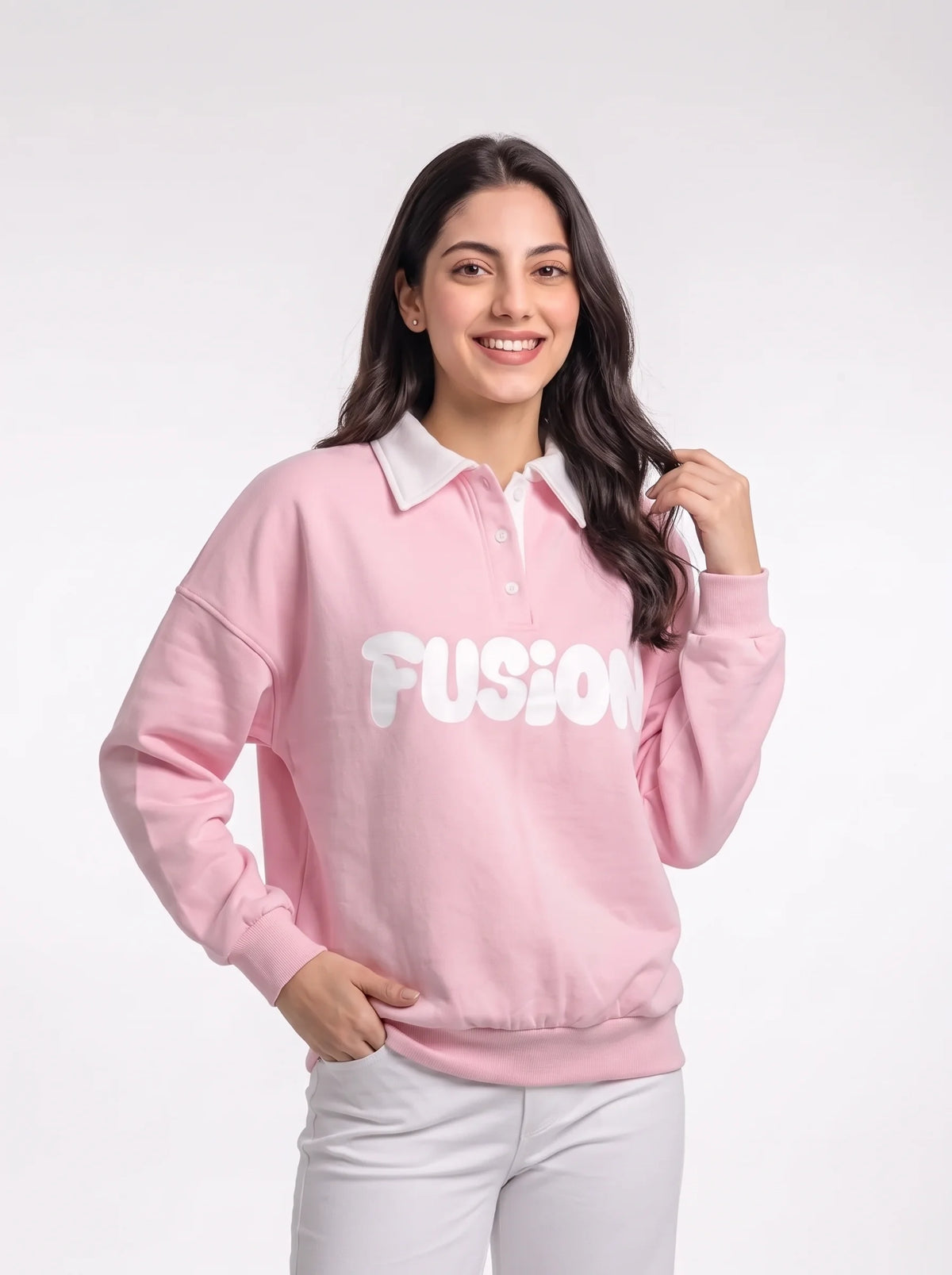 Fleece Polo Style Sweatshirt - FUSION - Pink