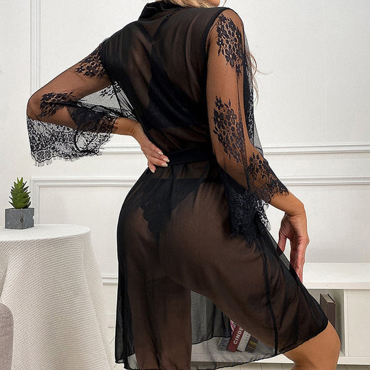 Sexy Black Women Embroidered Nightgown Set