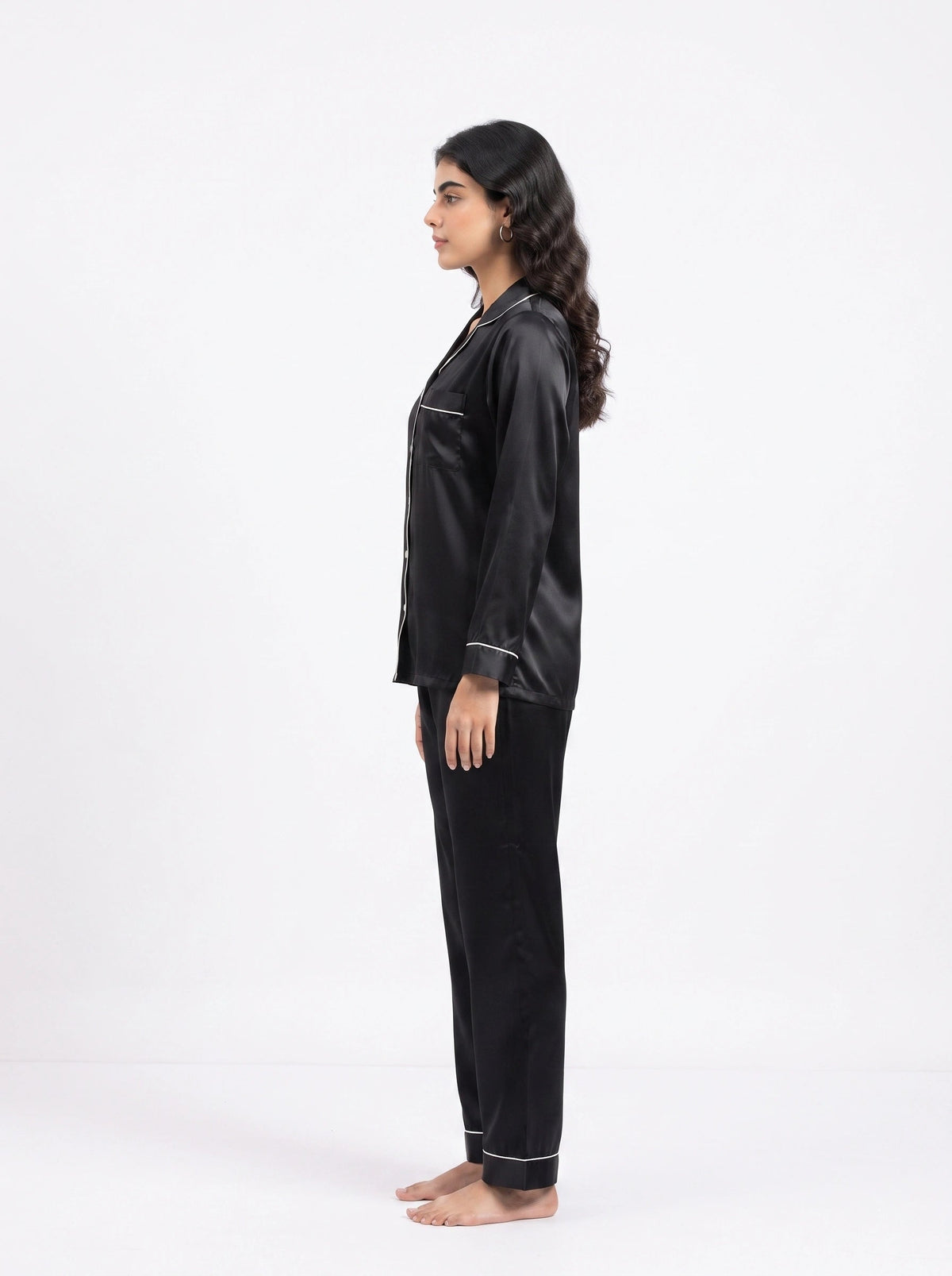 Satin Silk Pajama Suit - Noir - Black