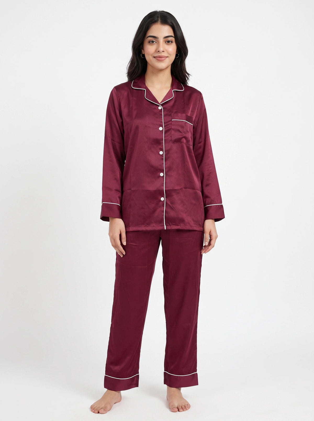 Satin Silk Pajama Suit - Noir - Maroon