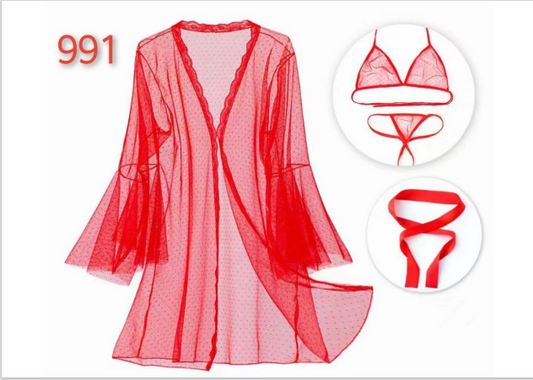 Spark Dots 3pcs Transparent Hot Red Nightgown