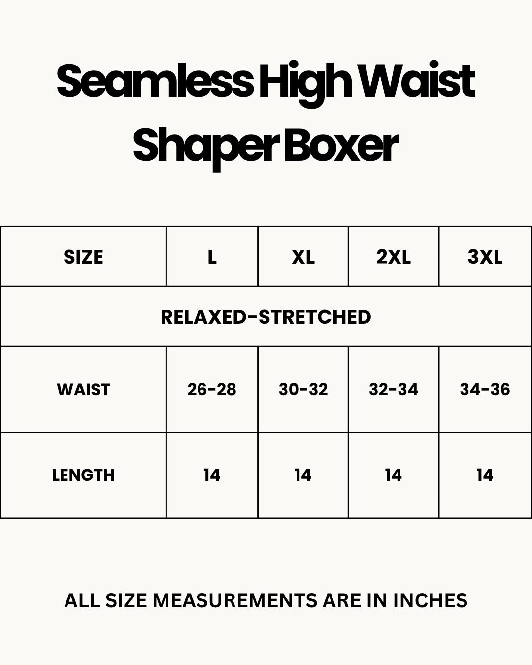 Size Chart for Seamless High Waist Shaper Boxer
