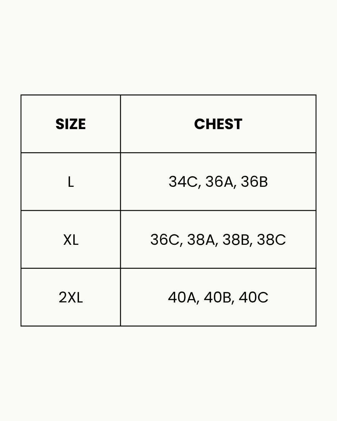 Size Chart for Seamless Padded Bra - Alvena - Grey
