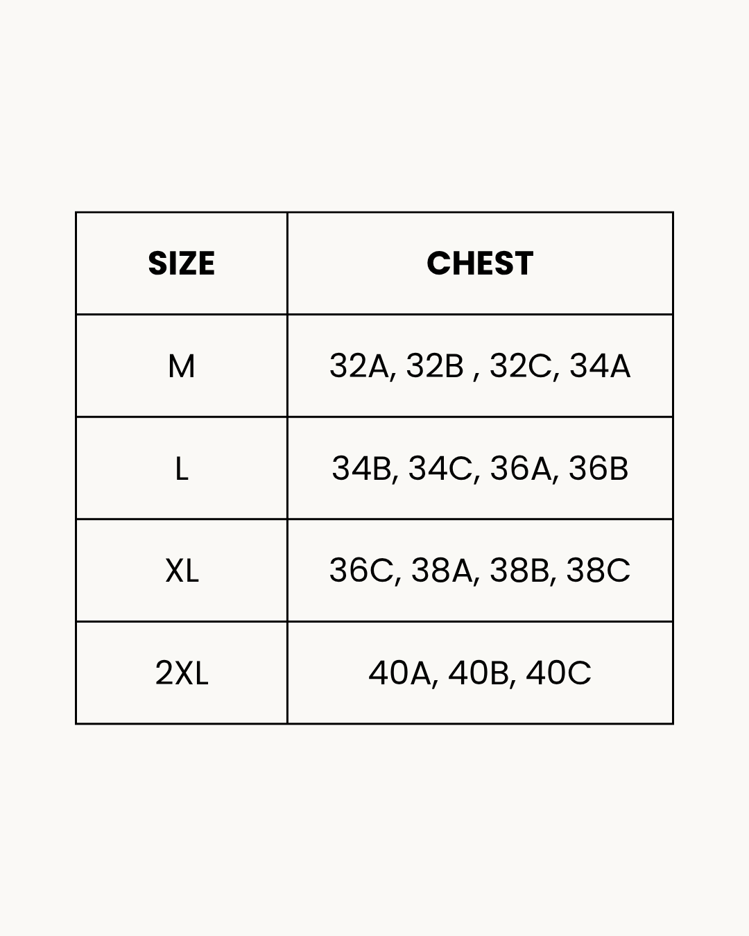 Size Chart for Seamless Padded Bra - Zovia - Skin
