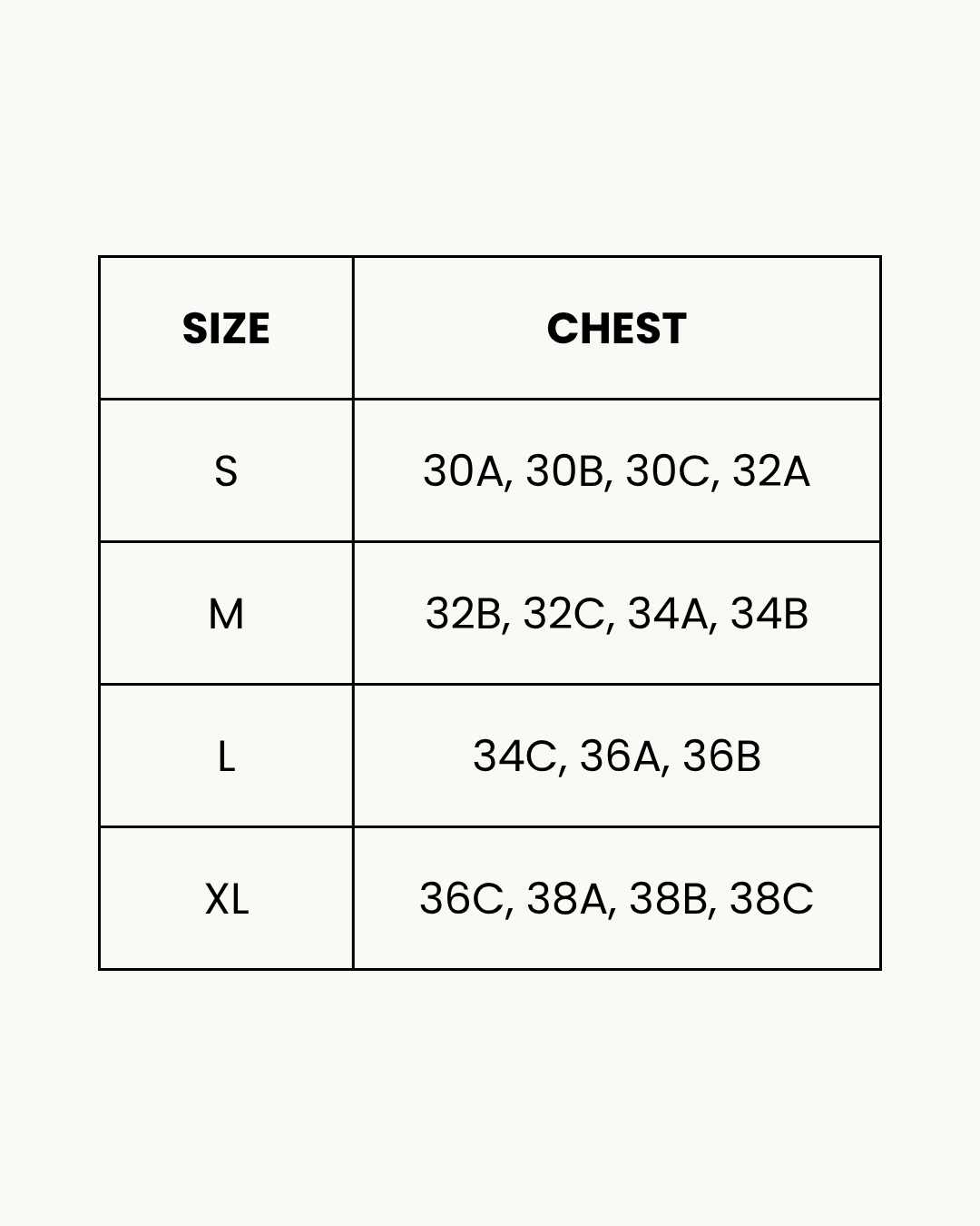 Size Chart for Seamless Padded Bra - Invisia - Black