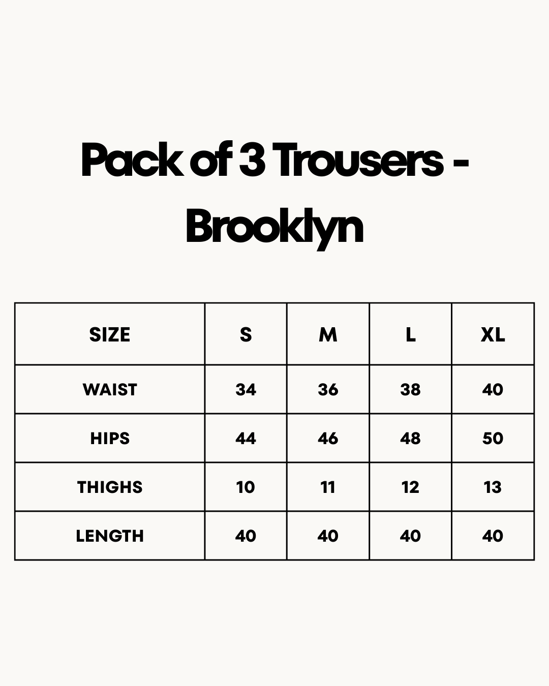 Size Chart for Pack of 3 Trousers - Brooklyn