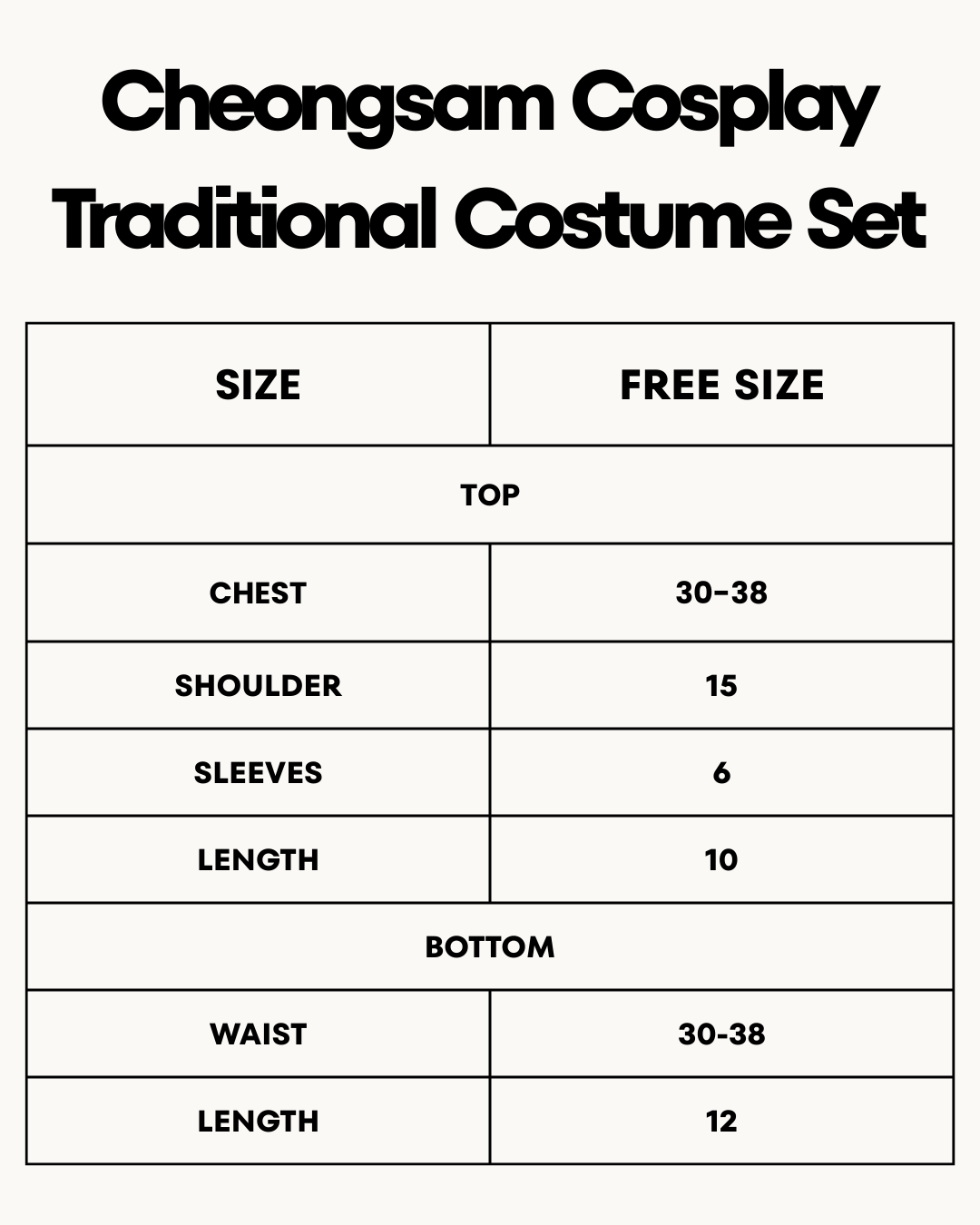 Size Chart for Cheongsam Cosplay Traditional Costume Set
