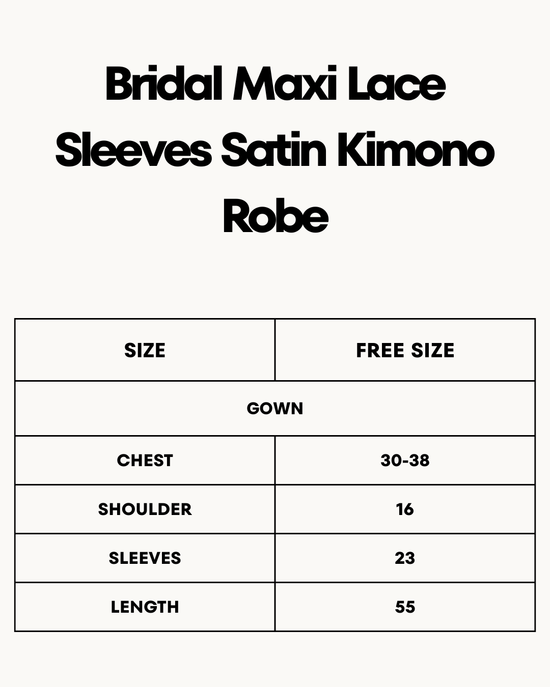 Size Chart for Bridal Maxi Lace Sleeves Satin Kimono Robe