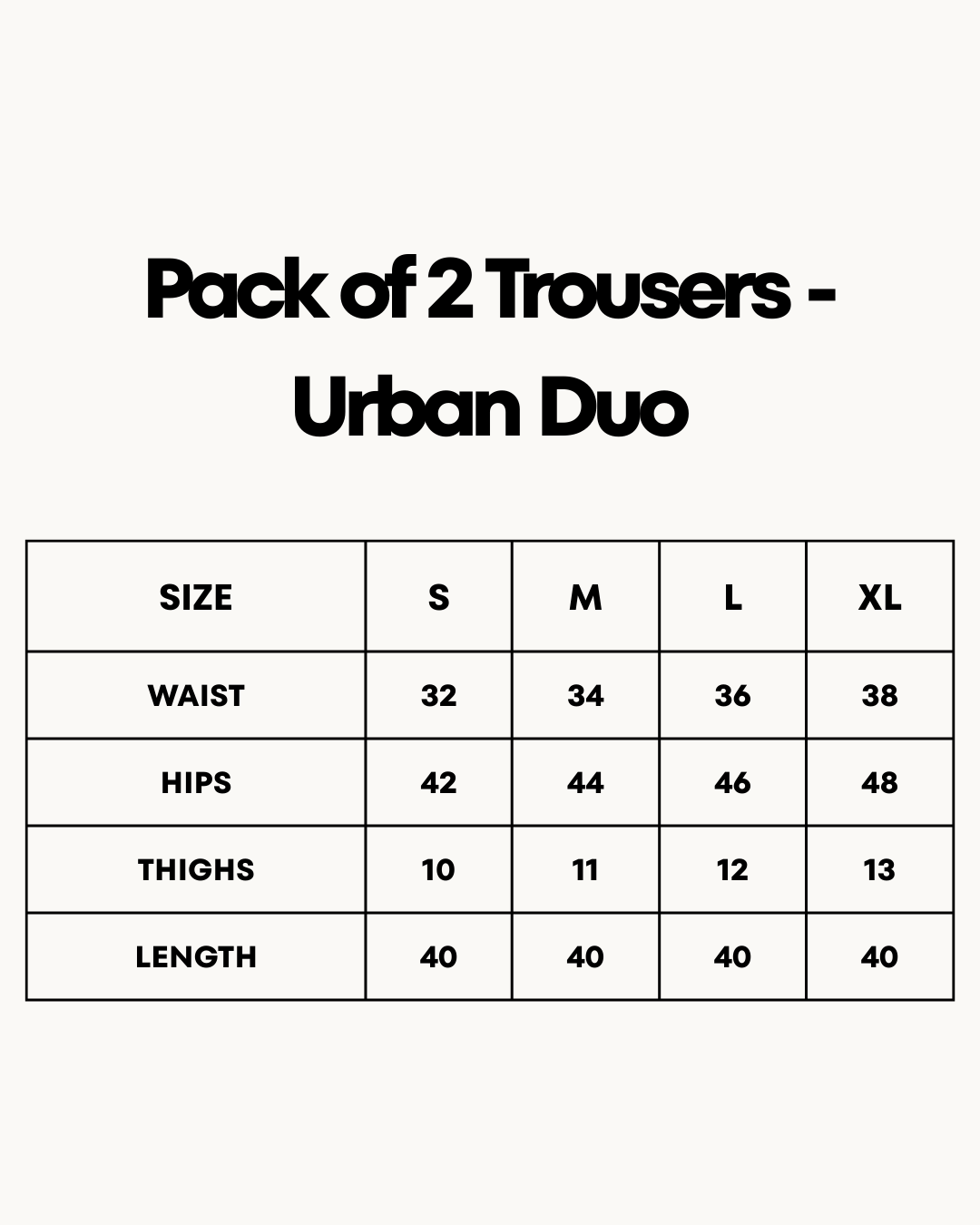 Size Chart for Pack of 2 Trousers - Urban Duo
