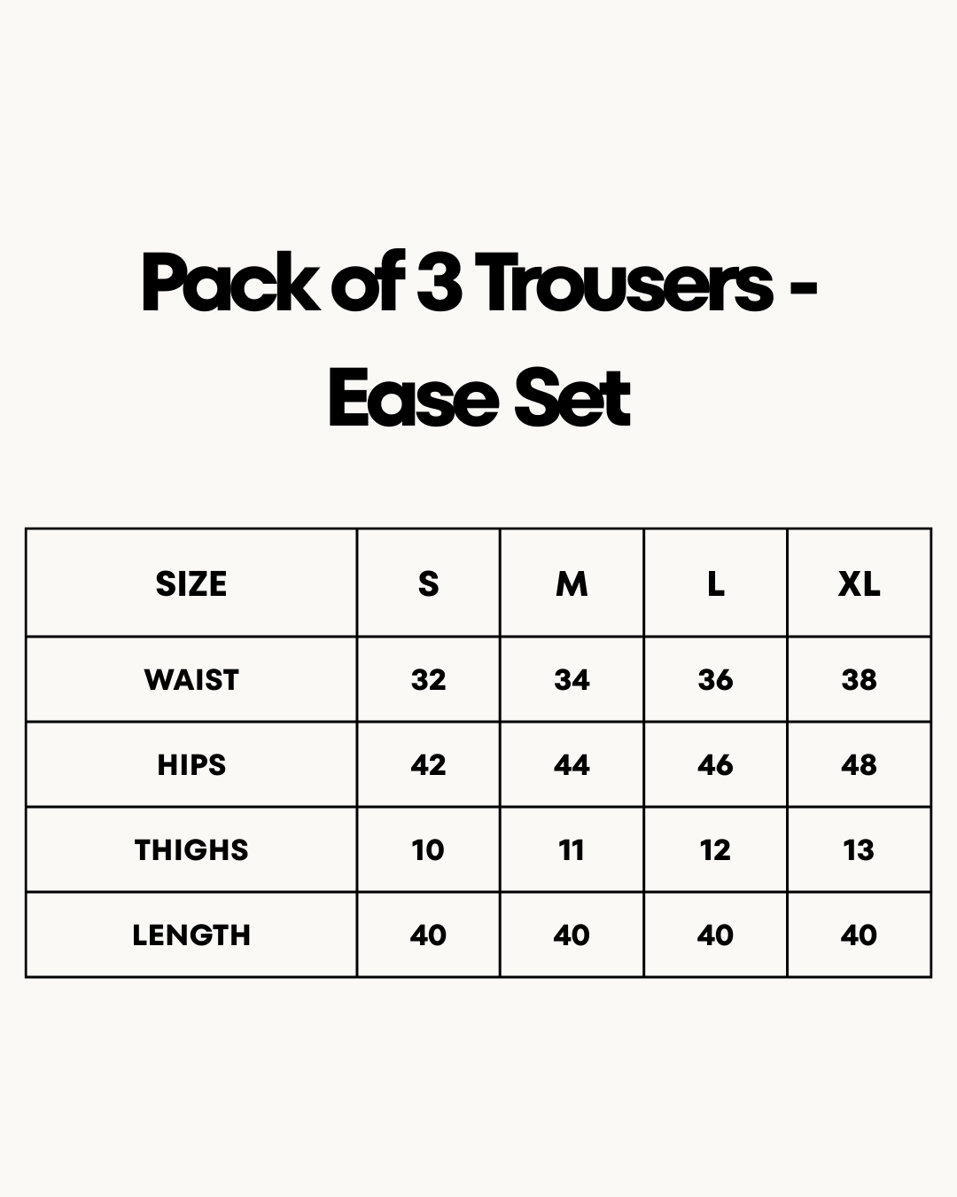 Size Chart for Pack of 3 Trousers - Ease Set