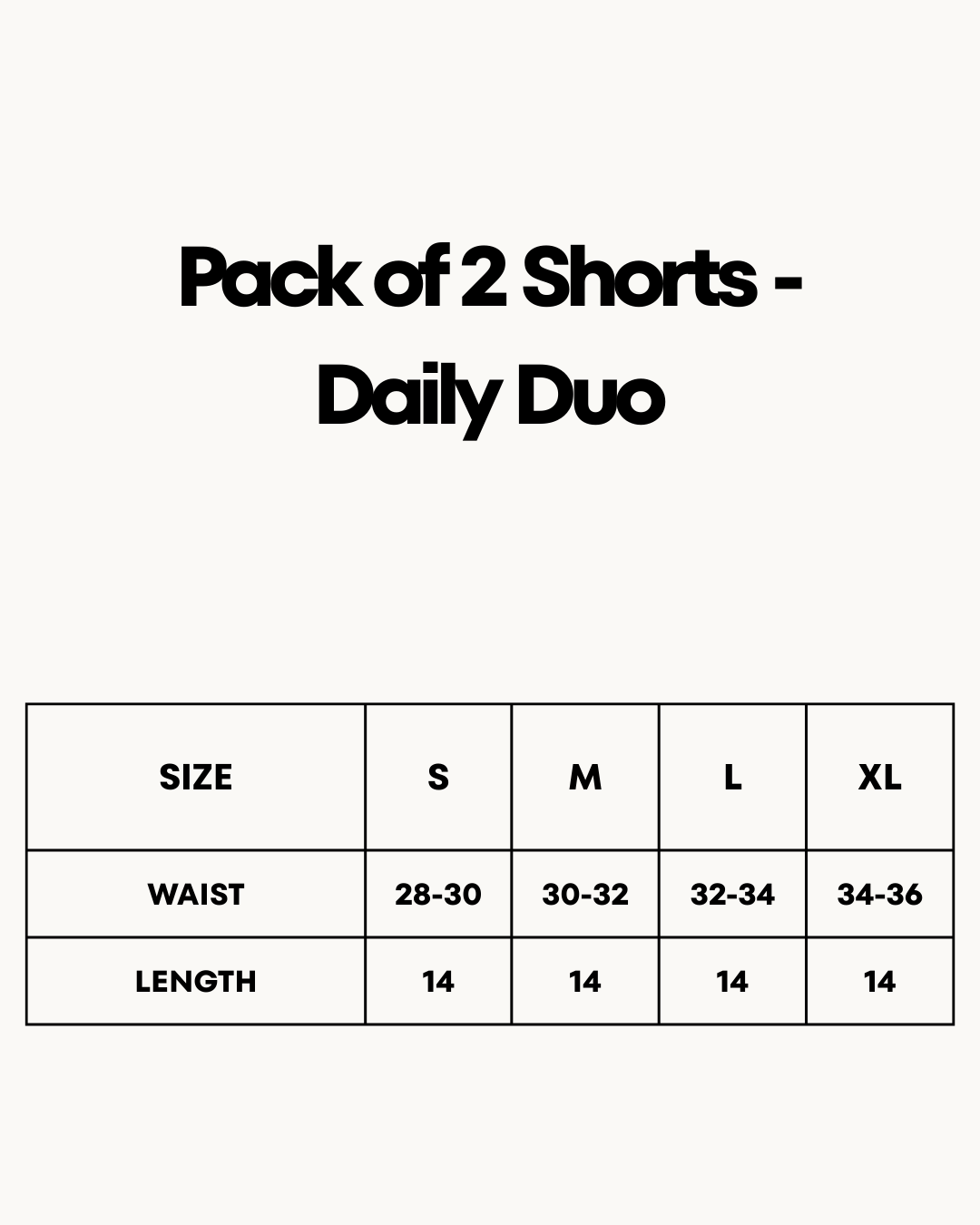 Size Chart for Pack of 2 Shorts - Daily Duo