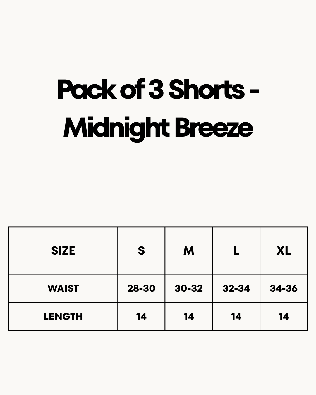 Size Chart for Pack of 3 Shorts - Midnight Breeze