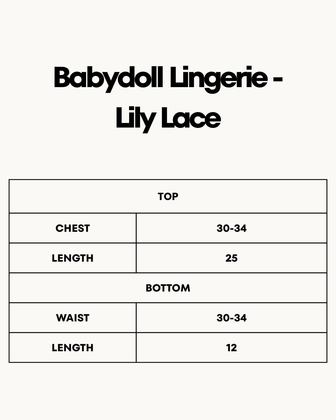 Size Chart for Babydoll Lingerie  - Lily Lace