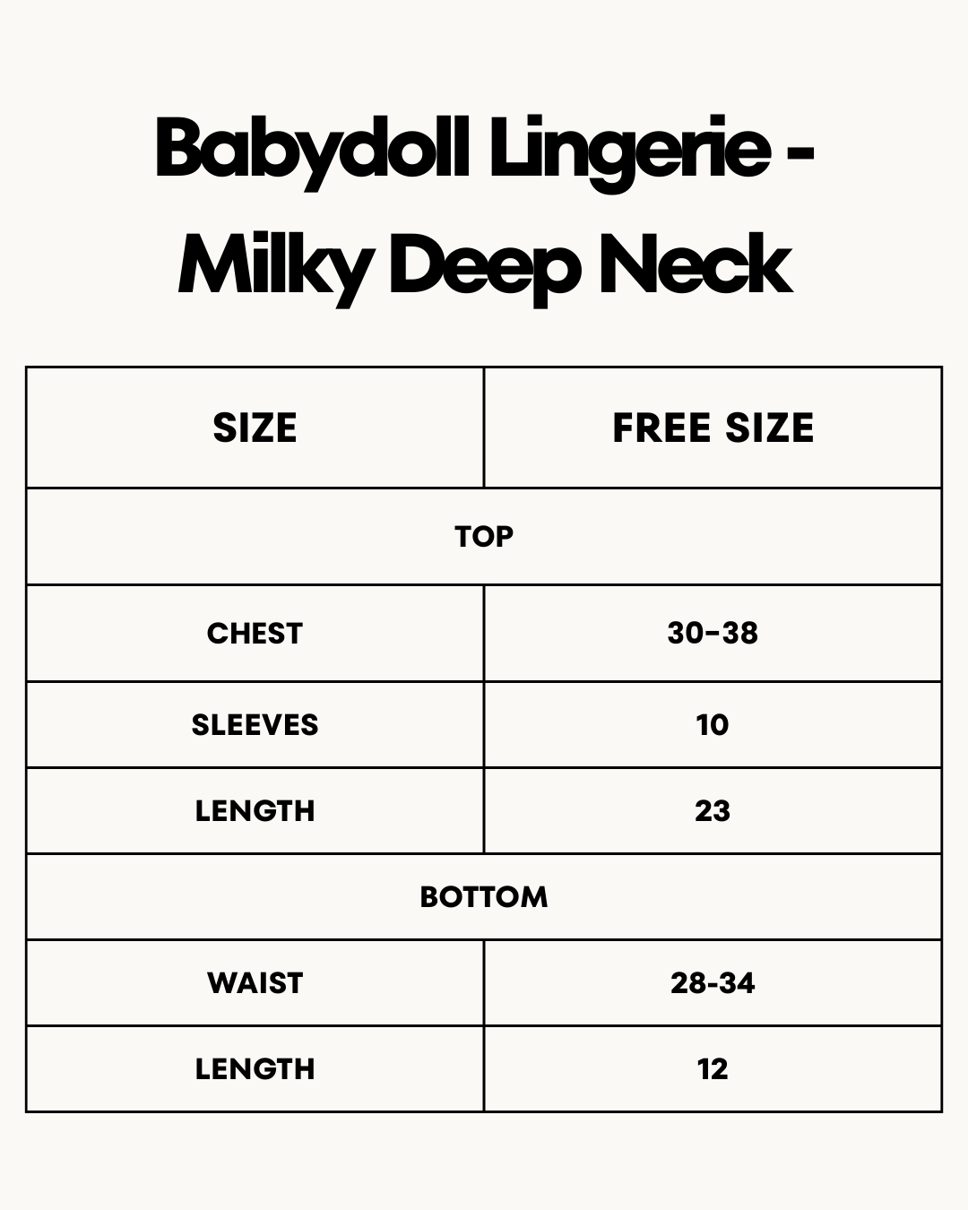 Size Chart for Babydoll Lingerie  - Milky Deep Neck - Black