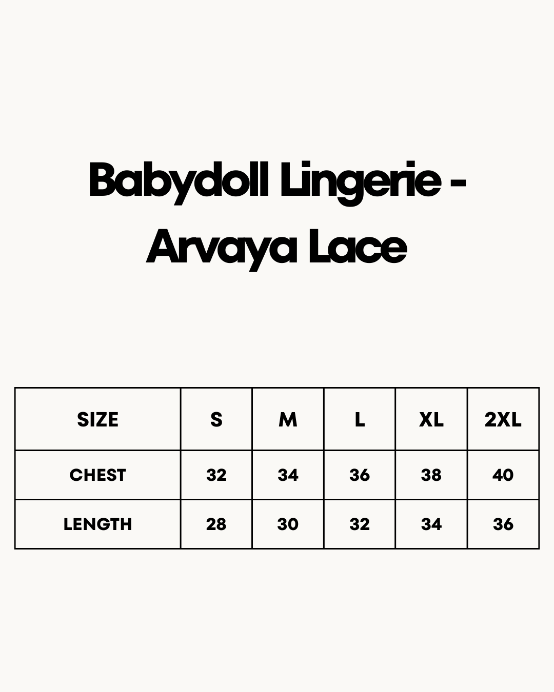 Size Chart for Babydoll Lingerie  - Arvaya Lace