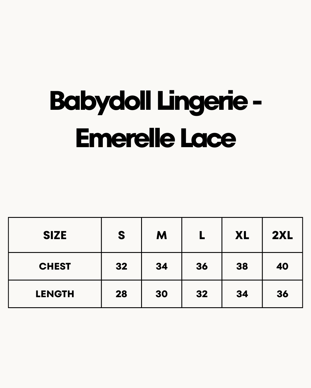 Size Chart for Babydoll Lingerie  - Emerelle Lace