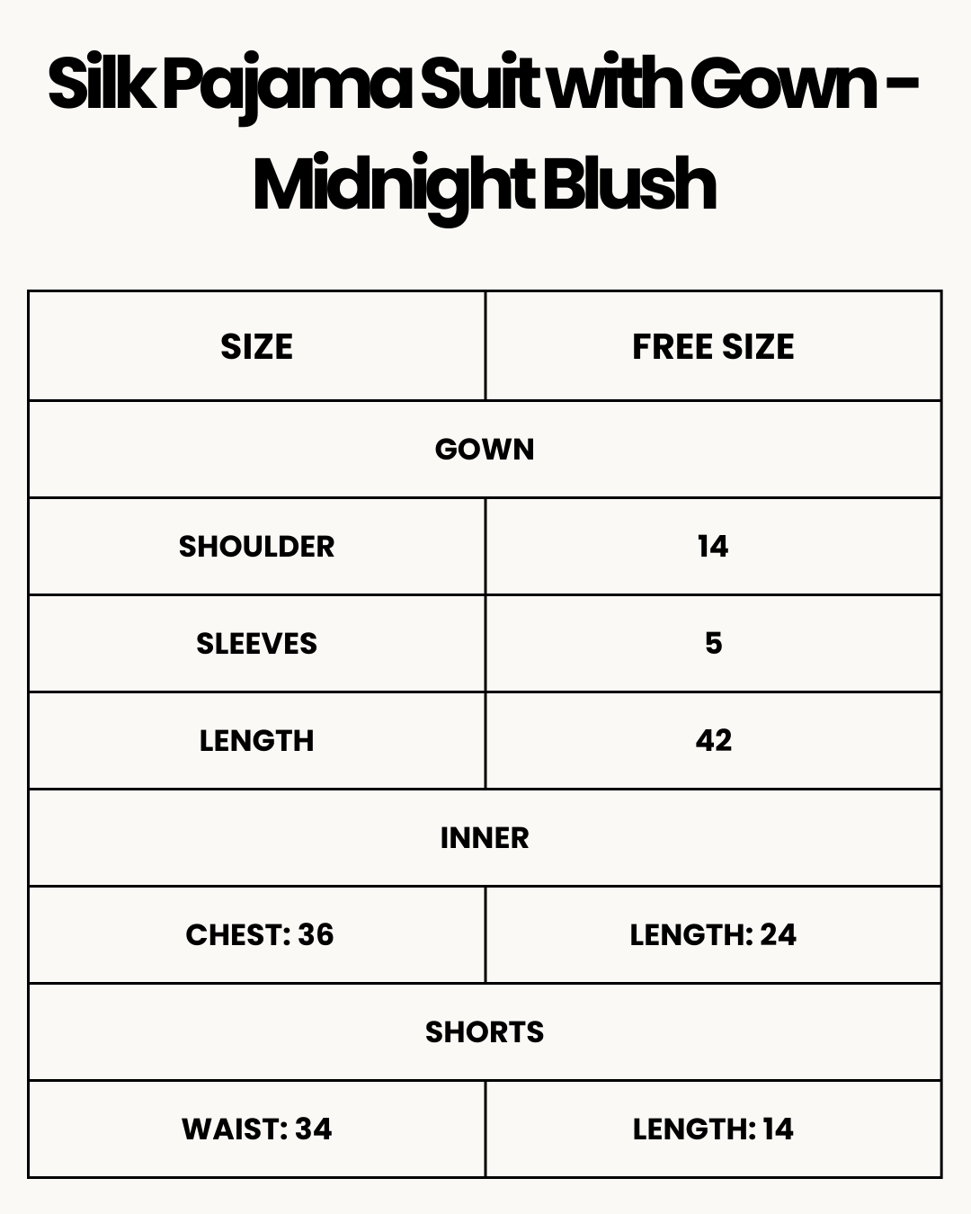Size Chart for Silk Pajama Suit with Gown - Midnight Blush